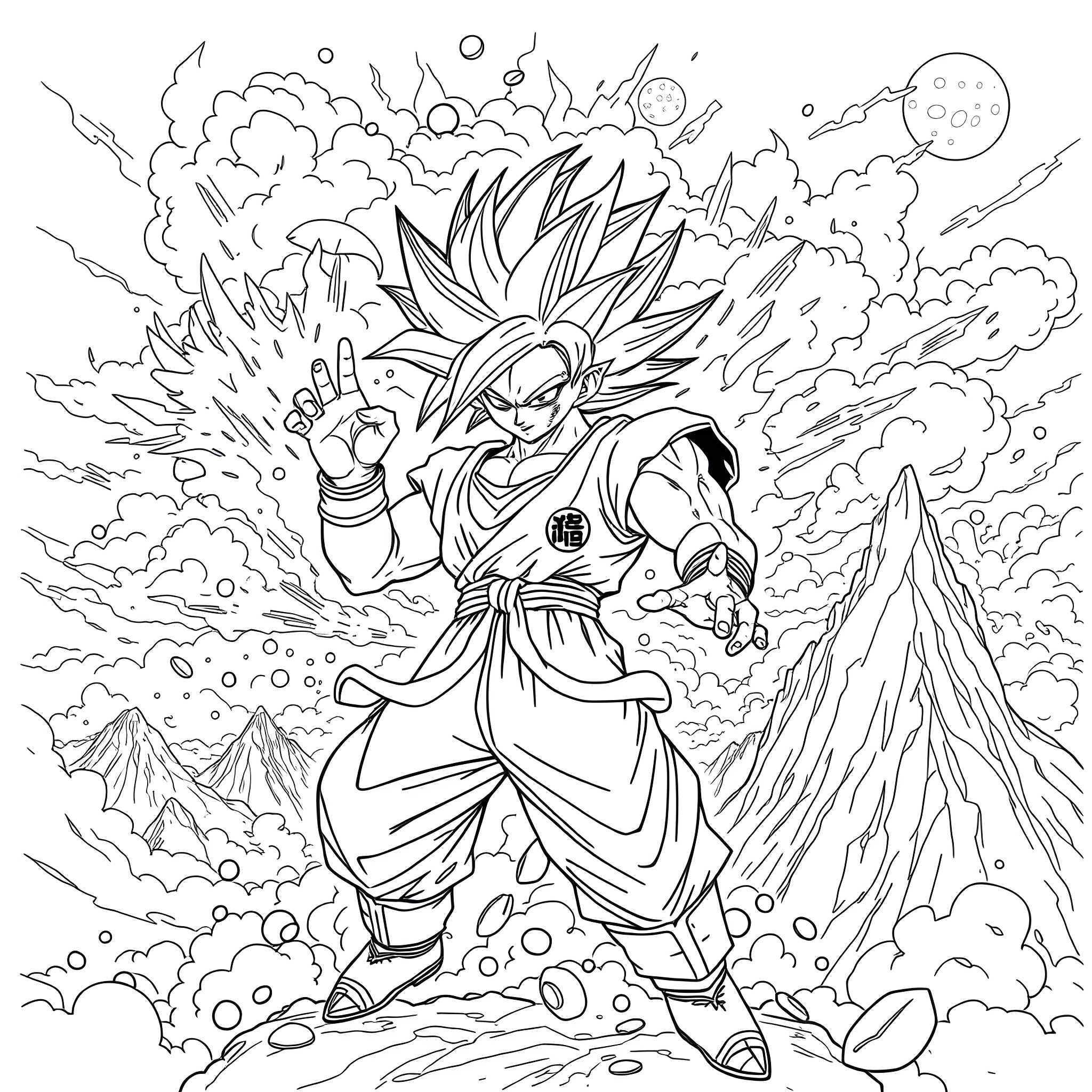Dragon Ball: Powerful Warrior's Explosive Transformation Coloring Page (free black-and-white line drawing printable PDF for all, from beginners to advanced learners, including children, teens, adults, and seniors)