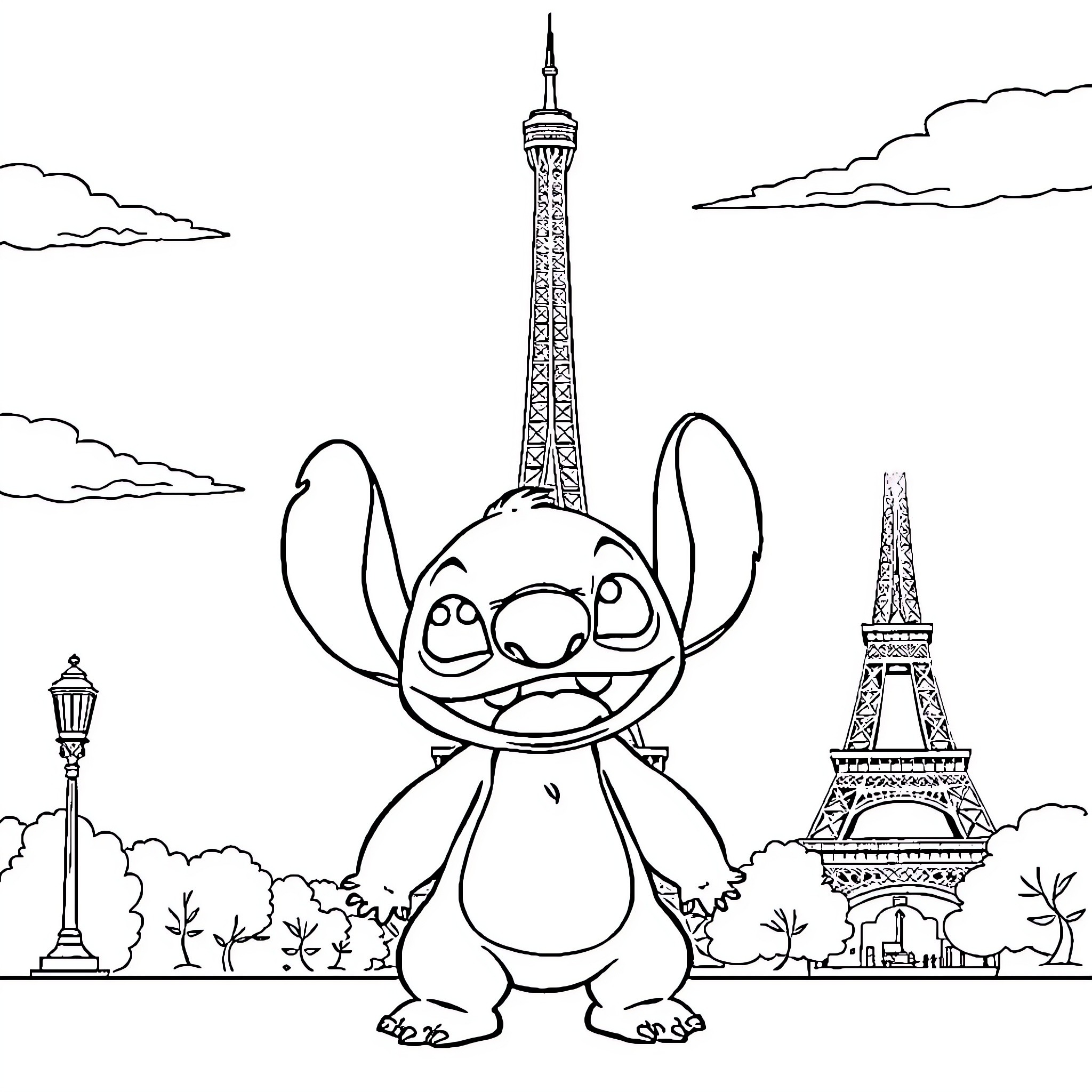 Stitch exploring the iconic Parisian landscape Coloring Page (free black-and-white line drawing printable PDF for all, from beginners to advanced learners, including children, teens, adults, and seniors)