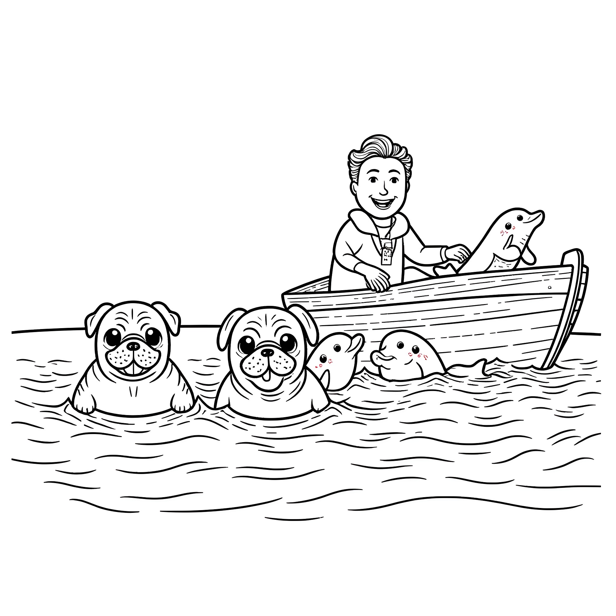 Pug family boating on the water Coloring Page (free black-and-white line drawing printable PDF for all, from beginners to advanced learners, including children, teens, adults, and seniors)