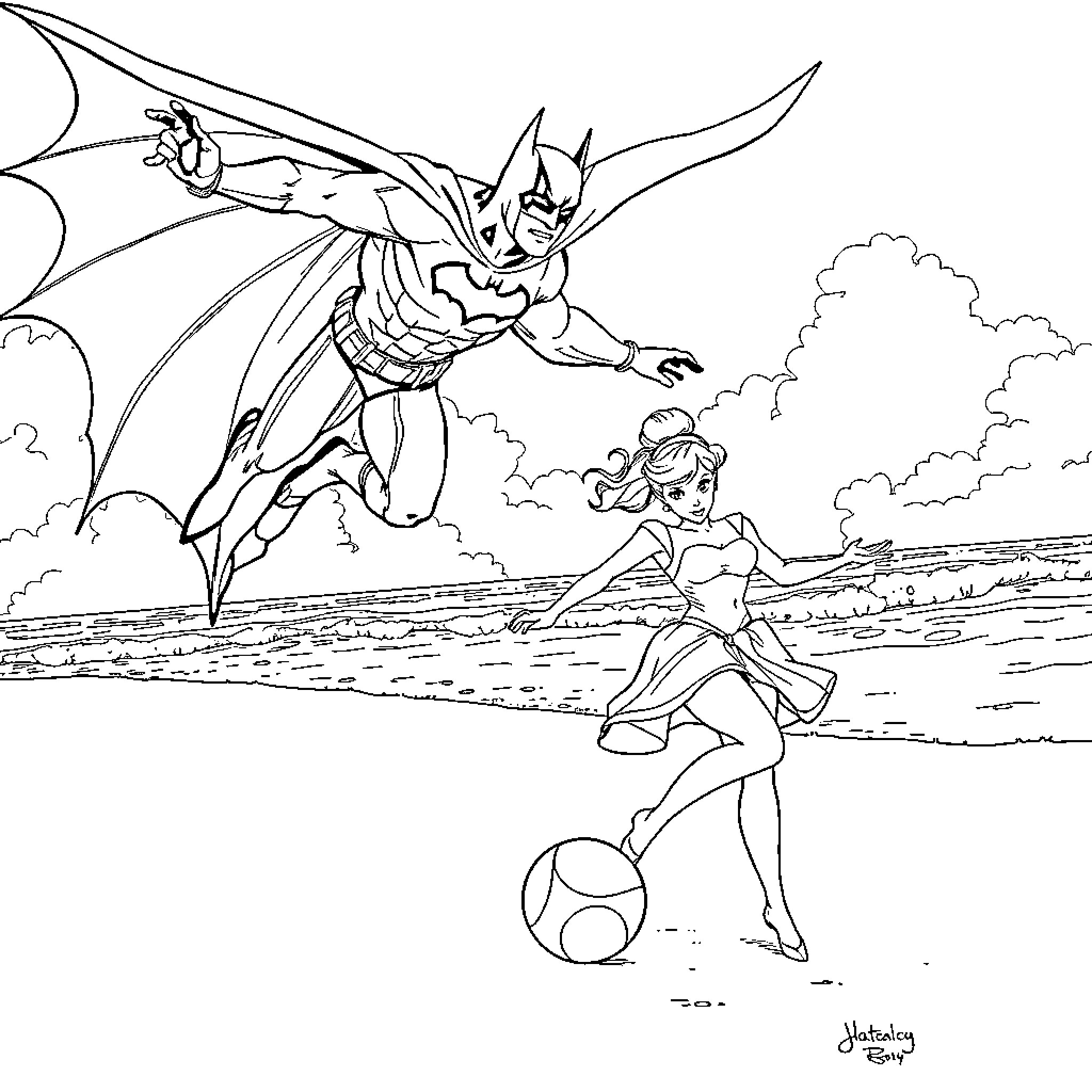Batman Heroically Rescues Distressed Girl Coloring Page (free black-and-white line drawing printable PDF for all, from beginners to advanced learners, including children, teens, adults, and seniors)