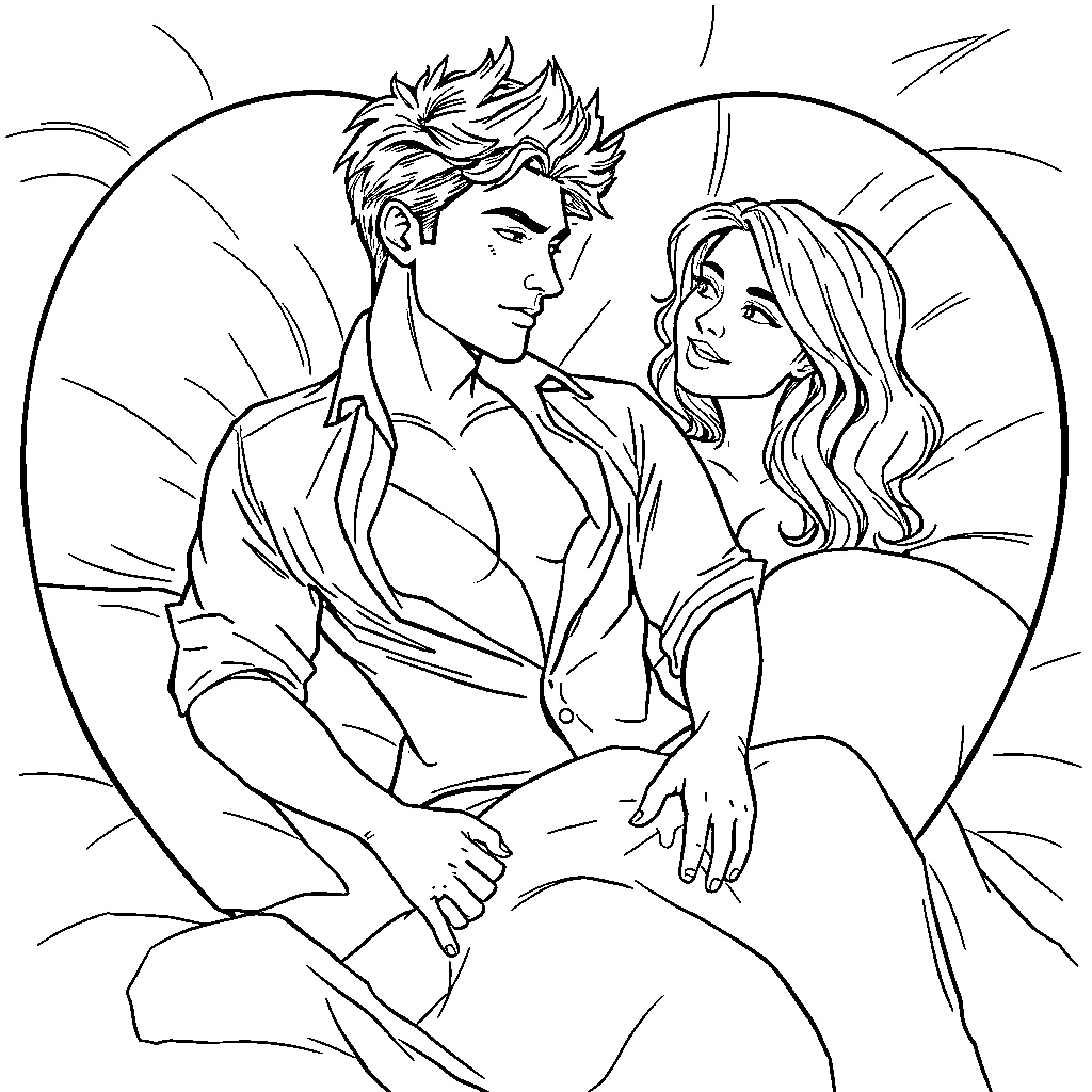 Guy embracing and gazing at woman in heart-shaped frame Coloring Page (free black-and-white line drawing printable PDF for all, from beginners to advanced learners, including children, teens, adults, and seniors)