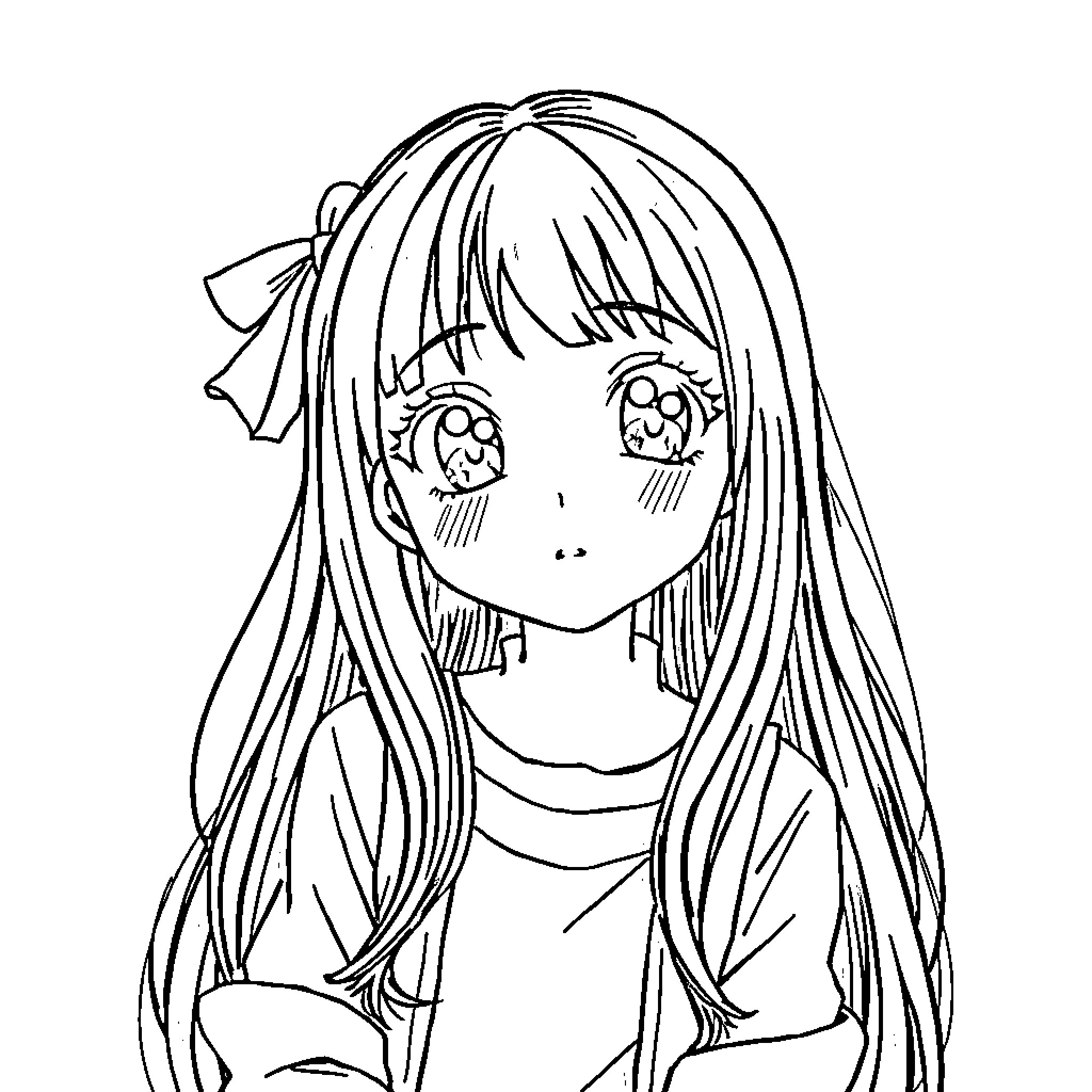 Anime Girl with Twinkling Eyes and Long Hair Coloring Page (free black-and-white line drawing printable PDF for all, from beginners to advanced learners, including children, teens, adults, and seniors)