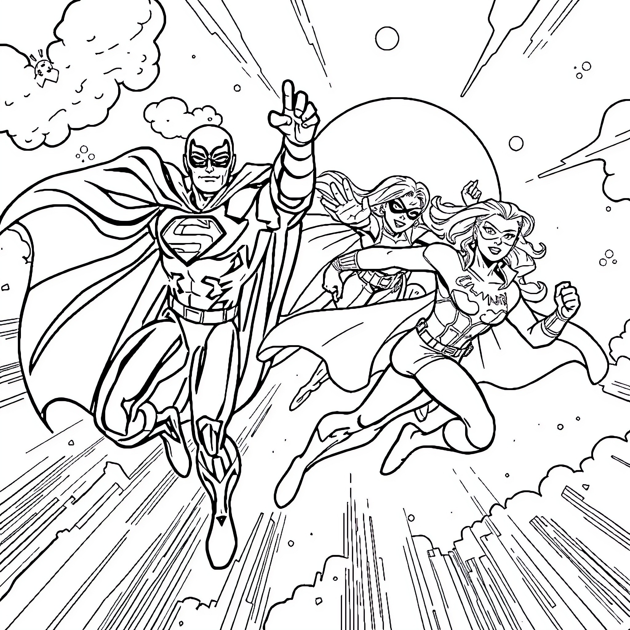 Superhero duo in epic action sequence Coloring Page (free black-and-white line drawing printable PDF for all, from beginners to advanced learners, including children, teens, adults, and seniors)