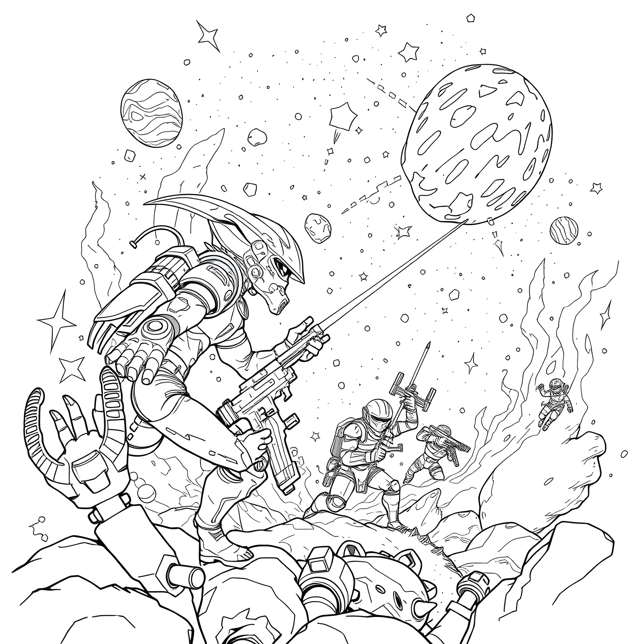 Soldiers battling in a futuristic space scene Coloring Page (free black-and-white line drawing printable PDF for all, from beginners to advanced learners, including children, teens, adults, and seniors)