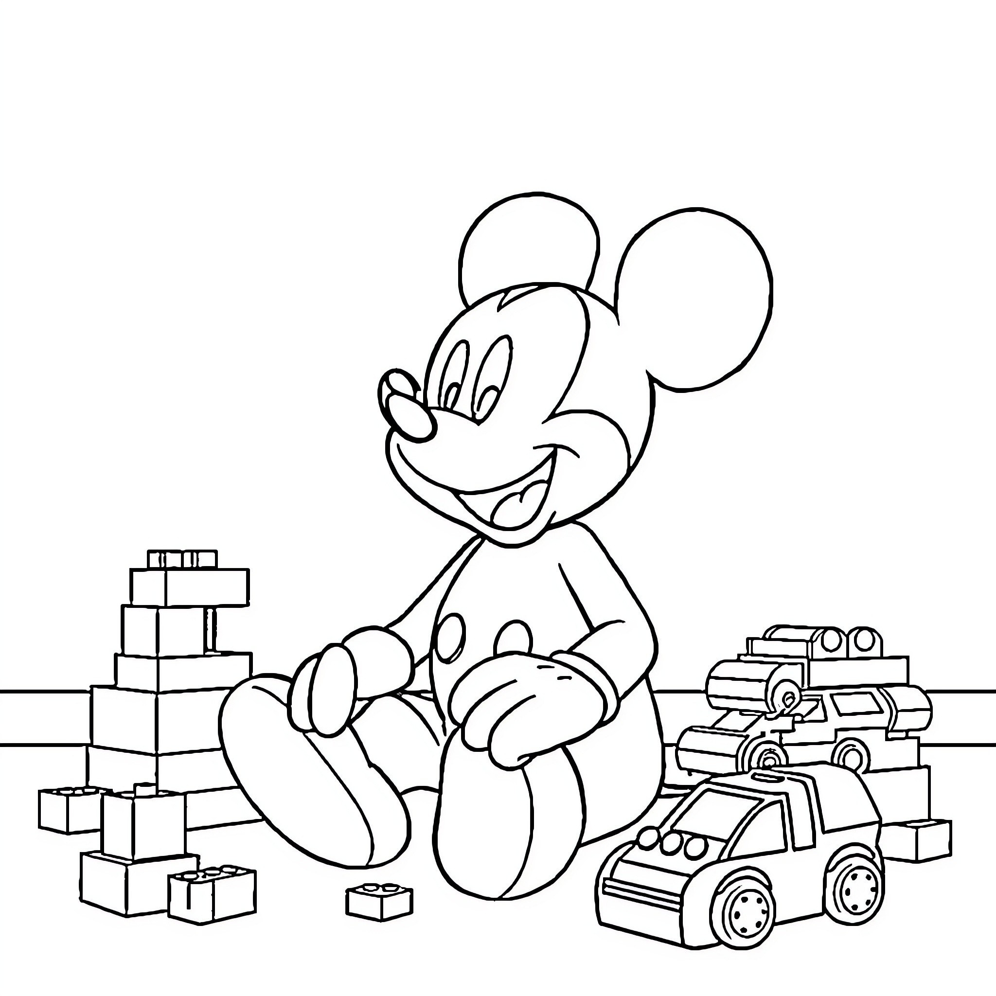 Mickey playing with toys and blocks Coloring Page (free black-and-white line drawing printable PDF for all, from beginners to advanced learners, including children, teens, adults, and seniors)