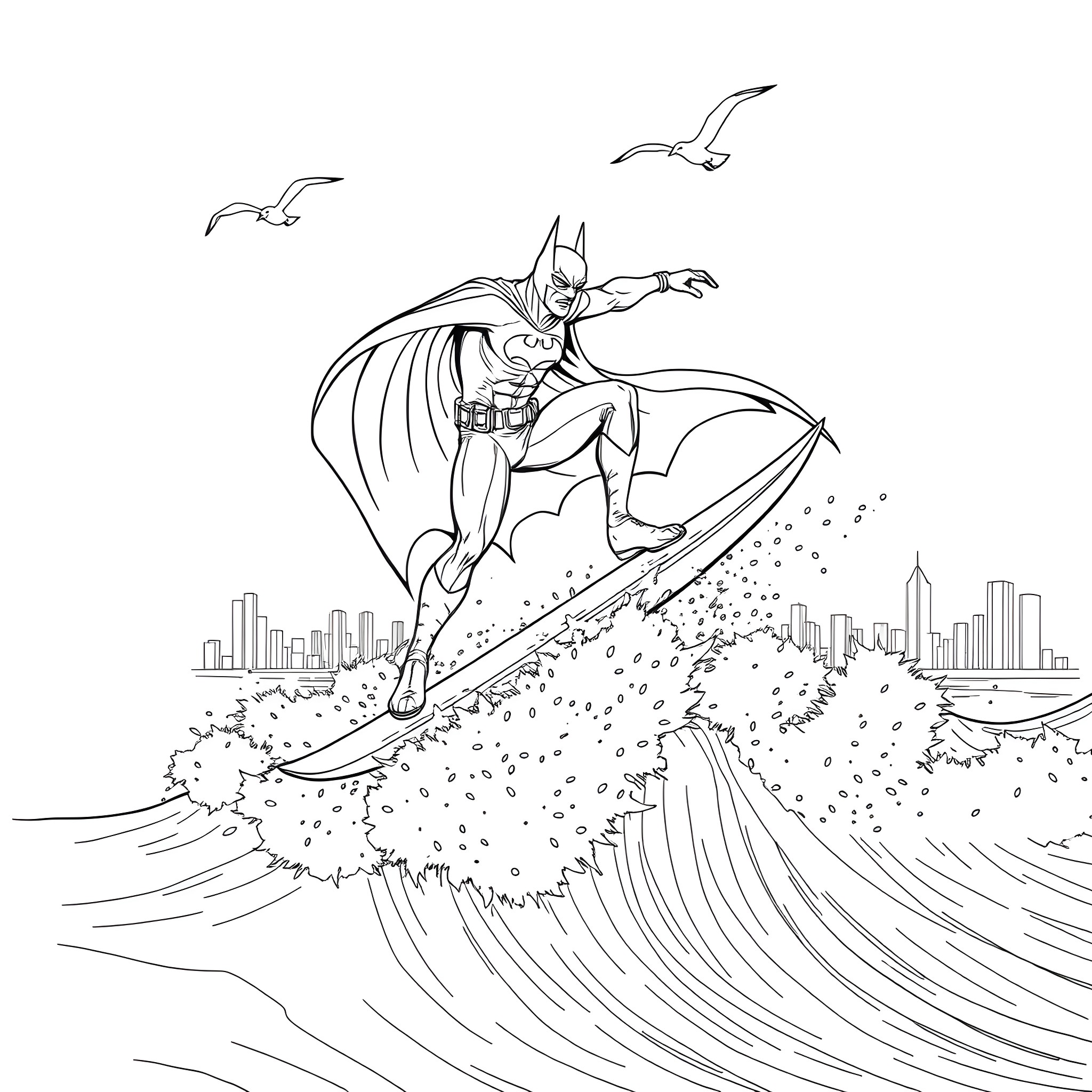 Batman surfing through the city skyline Coloring Page (free black-and-white line drawing printable PDF for all, from beginners to advanced learners, including children, teens, adults, and seniors)