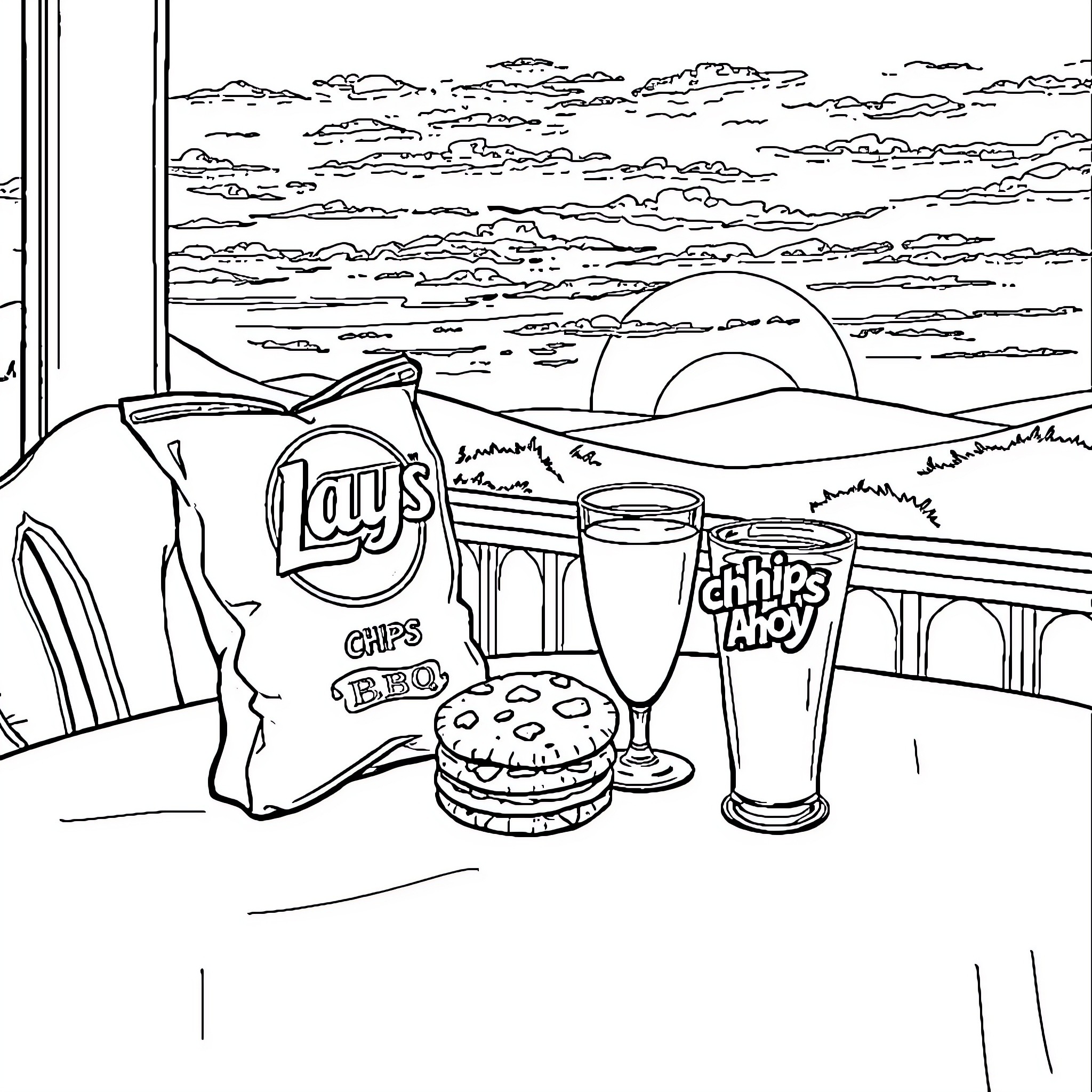 Bag of Snacks and Refreshments in Scenic Landscape Coloring Page (free black-and-white line drawing printable PDF for all, from beginners to advanced learners, including children, teens, adults, and seniors)