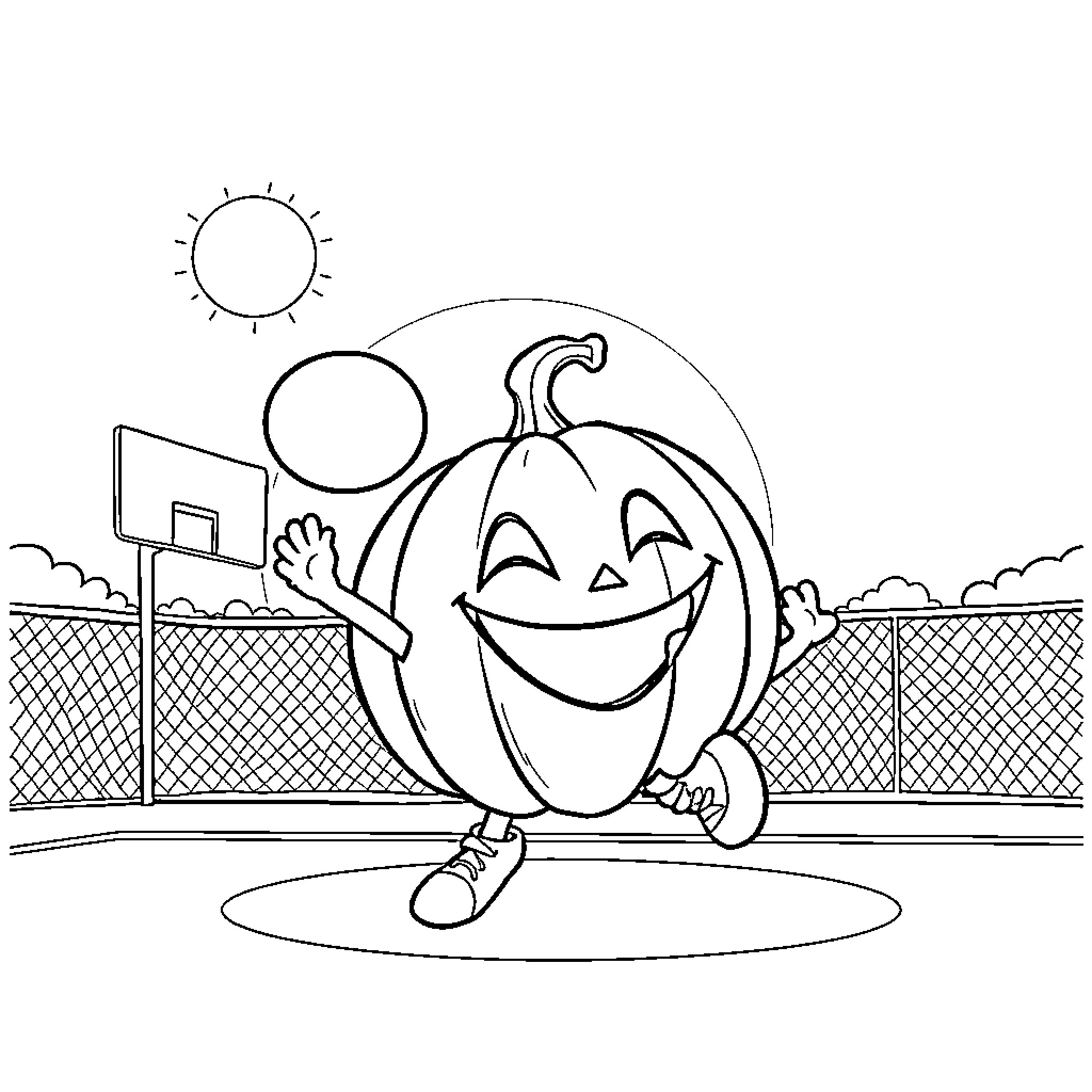Pumpkin playing basketball on the court Coloring Page (free black-and-white line drawing printable PDF for all, from beginners to advanced learners, including children, teens, adults, and seniors)