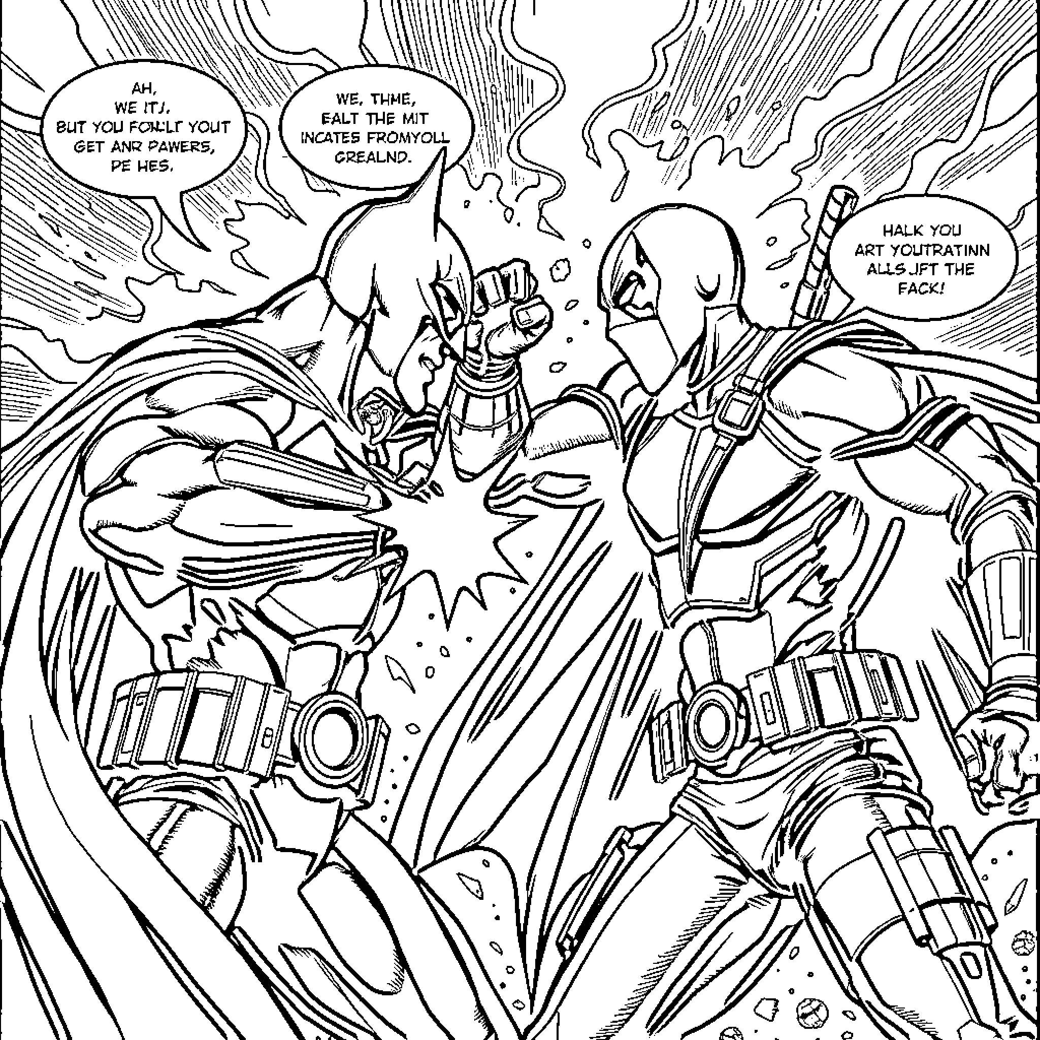 Batman Confronting Villains in Intense Showdown Coloring Page (free black-and-white line drawing printable PDF for all, from beginners to advanced learners, including children, teens, adults, and seniors)