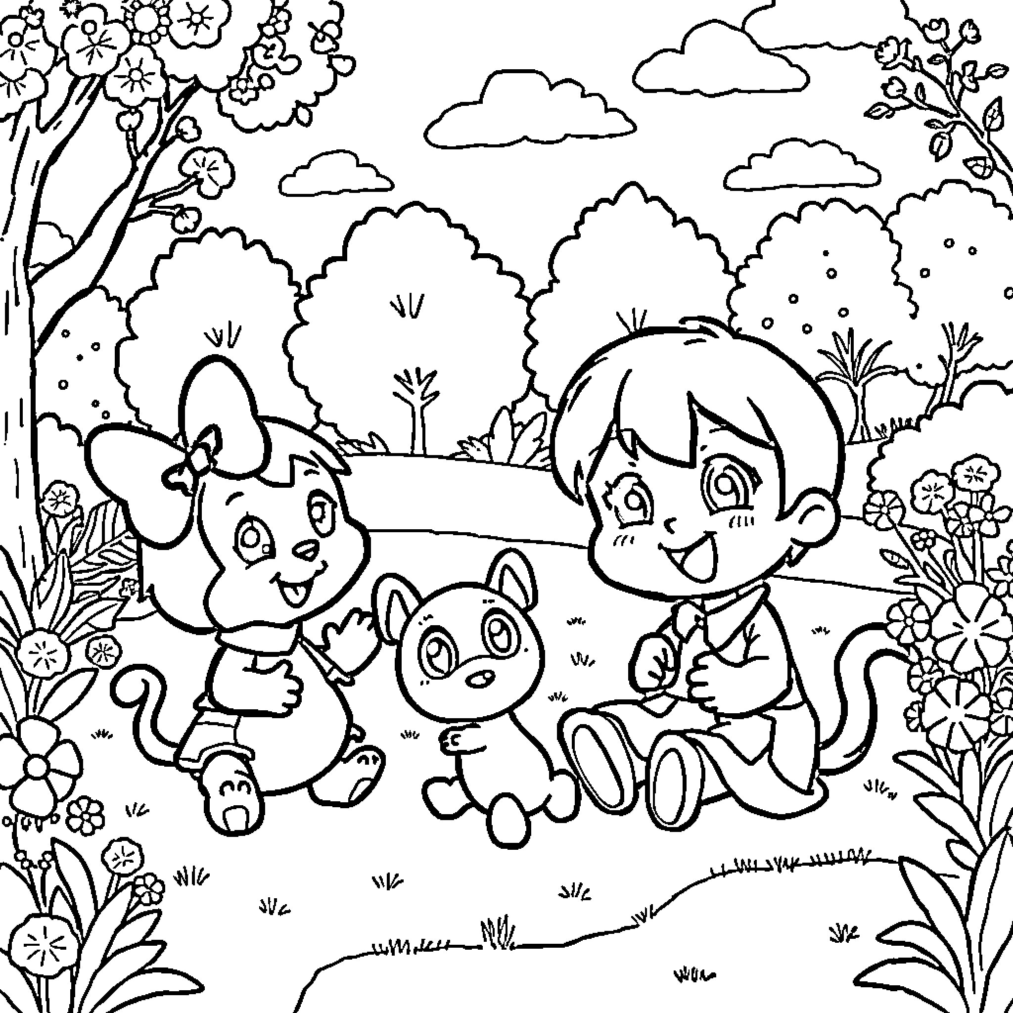 Kuromi and friends play in the flowery meadow Coloring Page (free black-and-white line drawing printable PDF for all, from beginners to advanced learners, including children, teens, adults, and seniors)