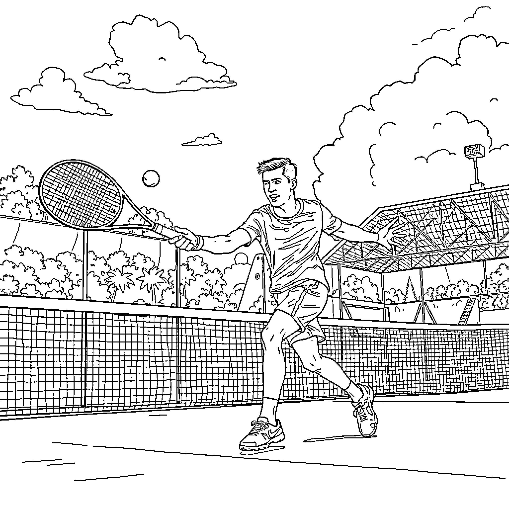 Ronaldo playing tennis on the court Coloring Page (free black-and-white line drawing printable PDF for all, from beginners to advanced learners, including children, teens, adults, and seniors)