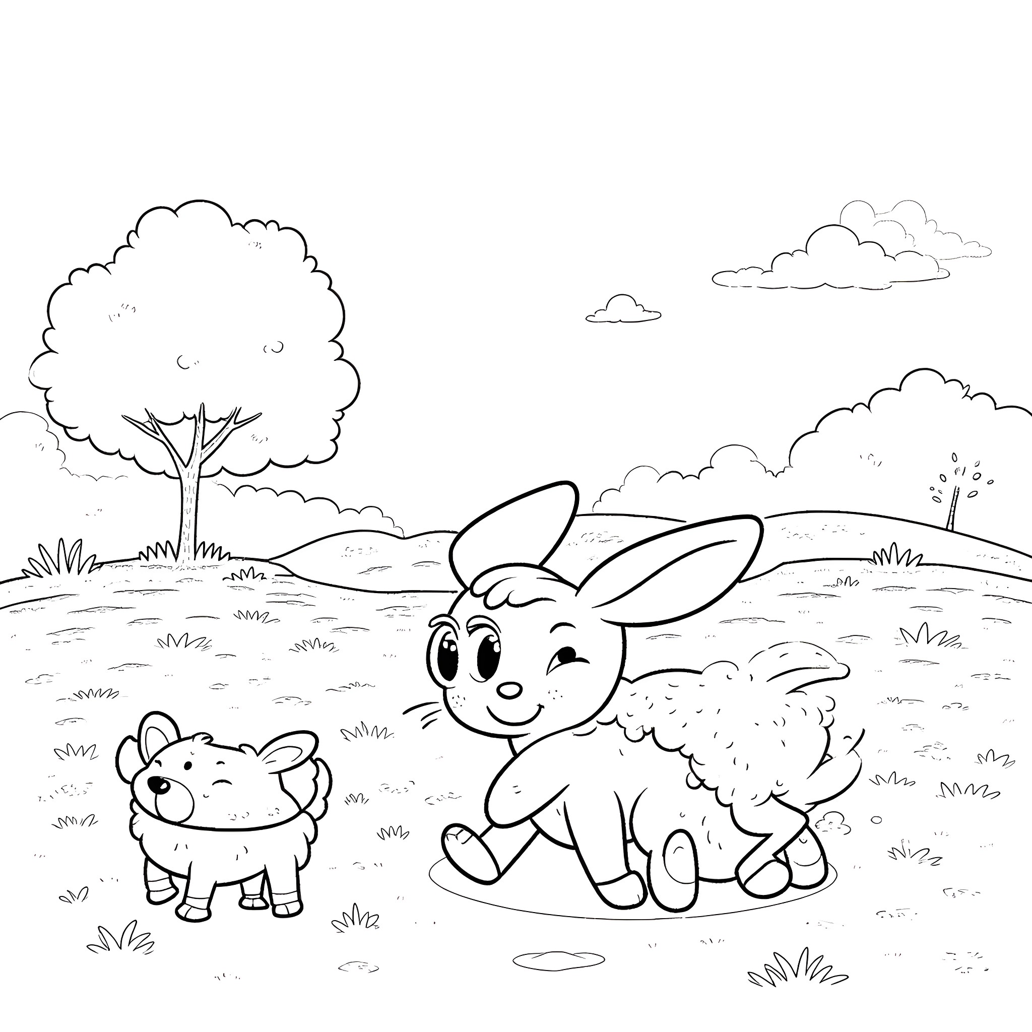 Labubu's Fun in the Field Coloring Page (free black-and-white line drawing printable PDF for all, from beginners to advanced learners, including children, teens, adults, and seniors)