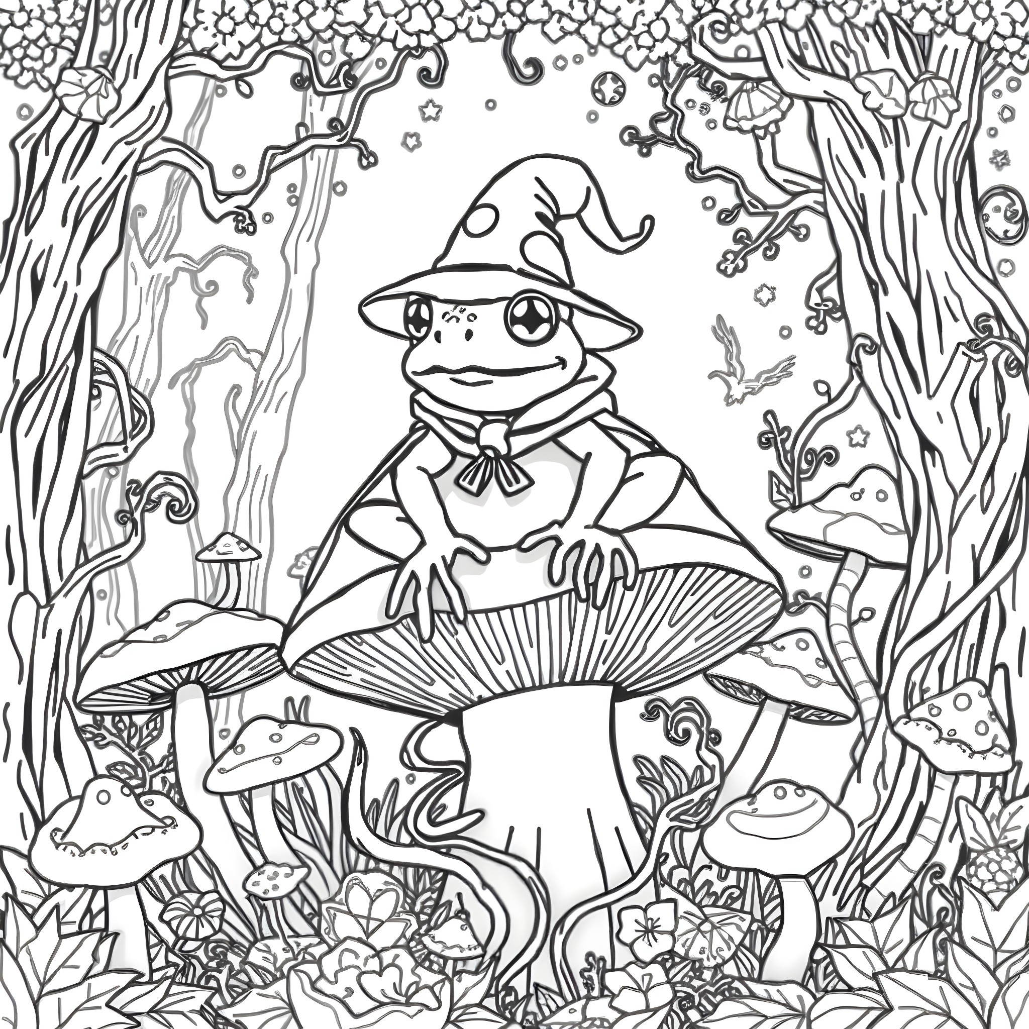 Frog Wizard in the Enchanted Mushroom Forest Coloring Page (free black-and-white line drawing printable PDF for all, from beginners to advanced learners, including children, teens, adults, and seniors)