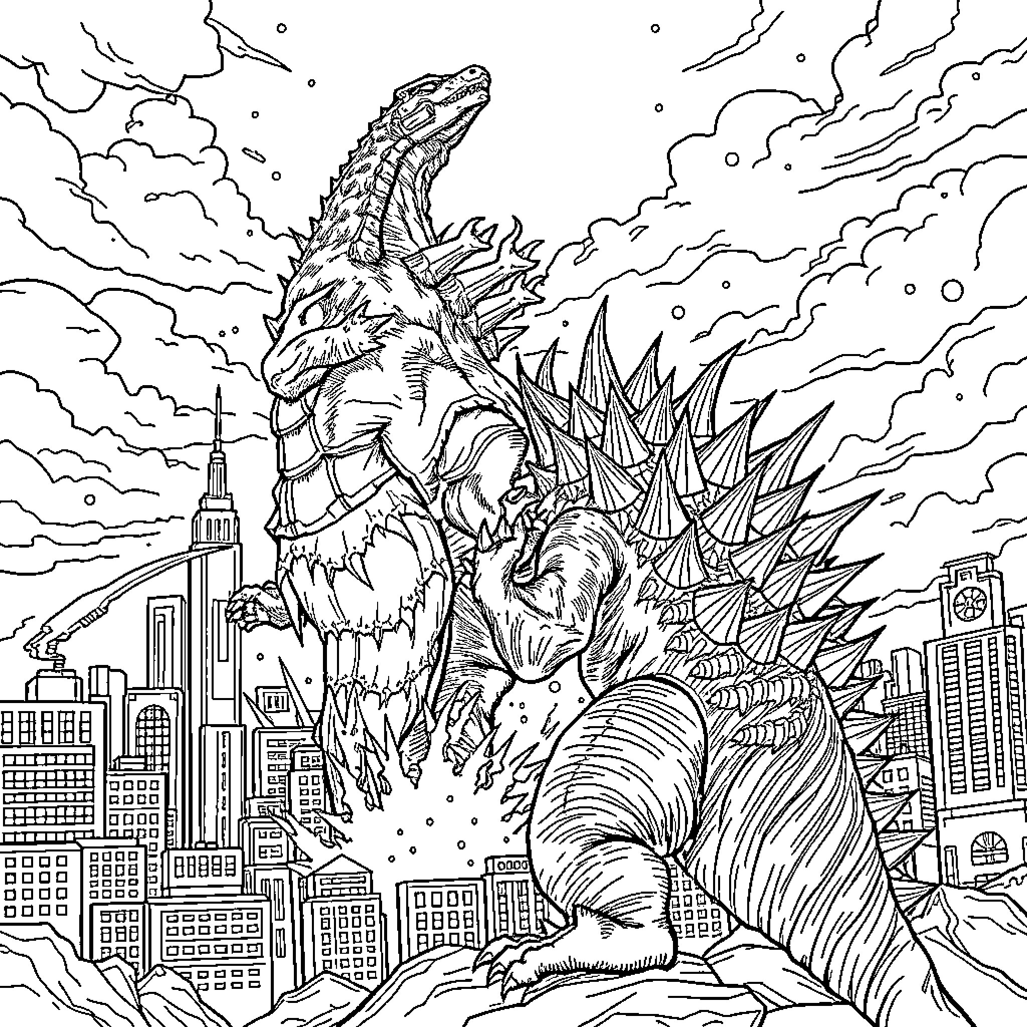Godzilla's Destructive Rampage Through the City Coloring Page (free black-and-white line drawing printable PDF for all, from beginners to advanced learners, including children, teens, adults, and seniors)