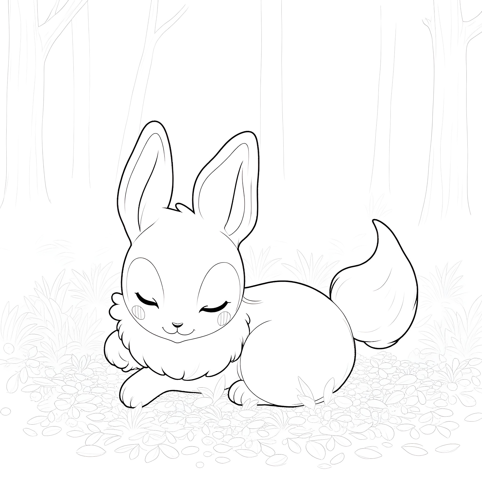 Eevee napping peacefully in the meadow Coloring Page (free black-and-white line drawing printable PDF for all, from beginners to advanced learners, including children, teens, adults, and seniors)