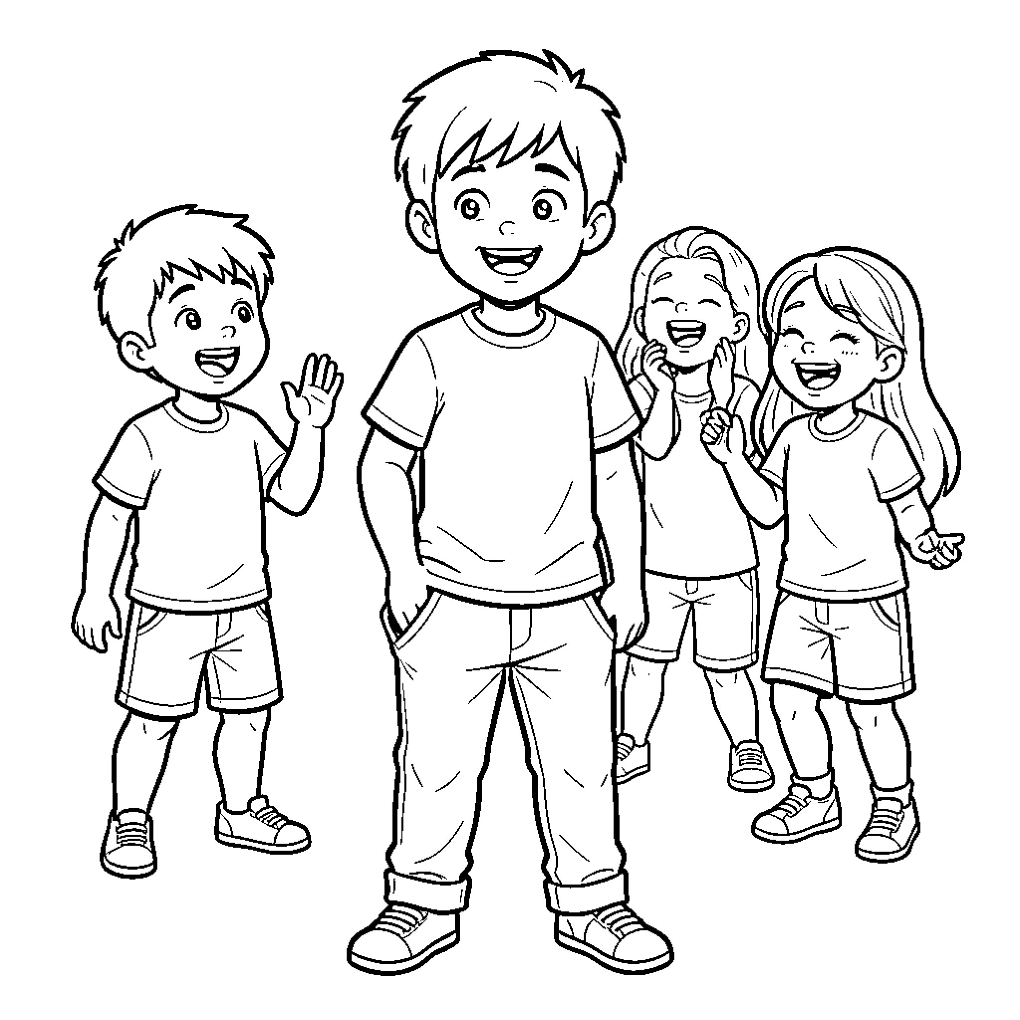 Boy Enjoying Playtime with Friends Coloring Page (free black-and-white line drawing printable PDF for all, from beginners to advanced learners, including children, teens, adults, and seniors)