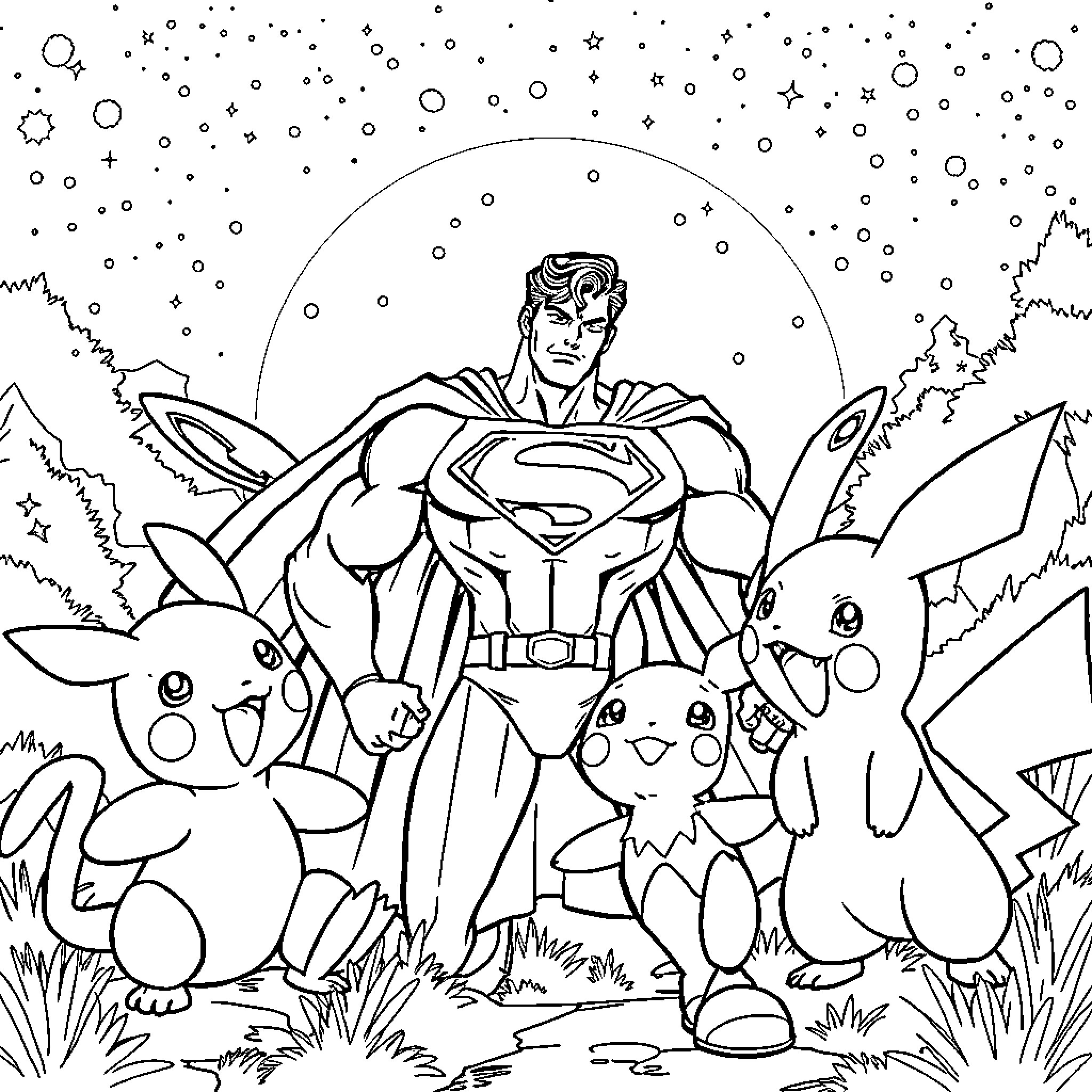 Superman and Pikachu in an adventure under the stars Coloring Page (free black-and-white line drawing printable PDF for all, from beginners to advanced learners, including children, teens, adults, and seniors)