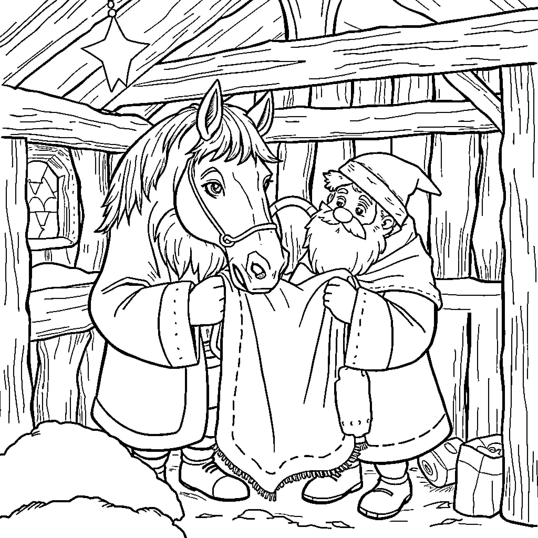 Sinterklaas and his horse in a cozy winter scene Coloring Page (free black-and-white line drawing printable PDF for all, from beginners to advanced learners, including children, teens, adults, and seniors)