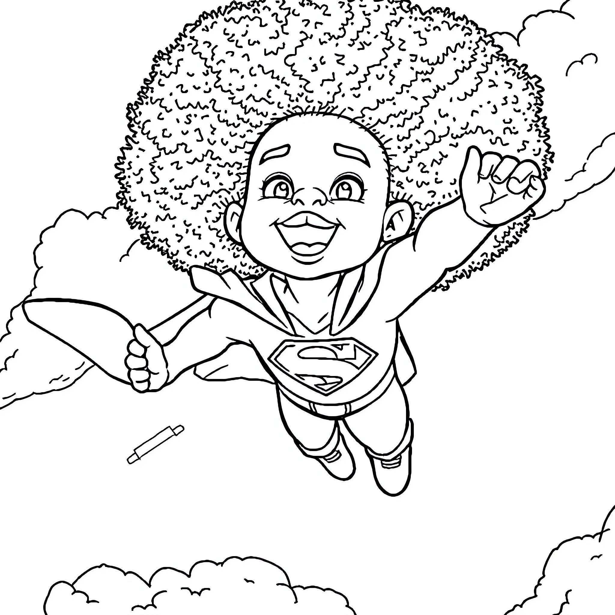 Superhero boy soaring through the sky Coloring Page (free black-and-white line drawing printable PDF for all, from beginners to advanced learners, including children, teens, adults, and seniors)