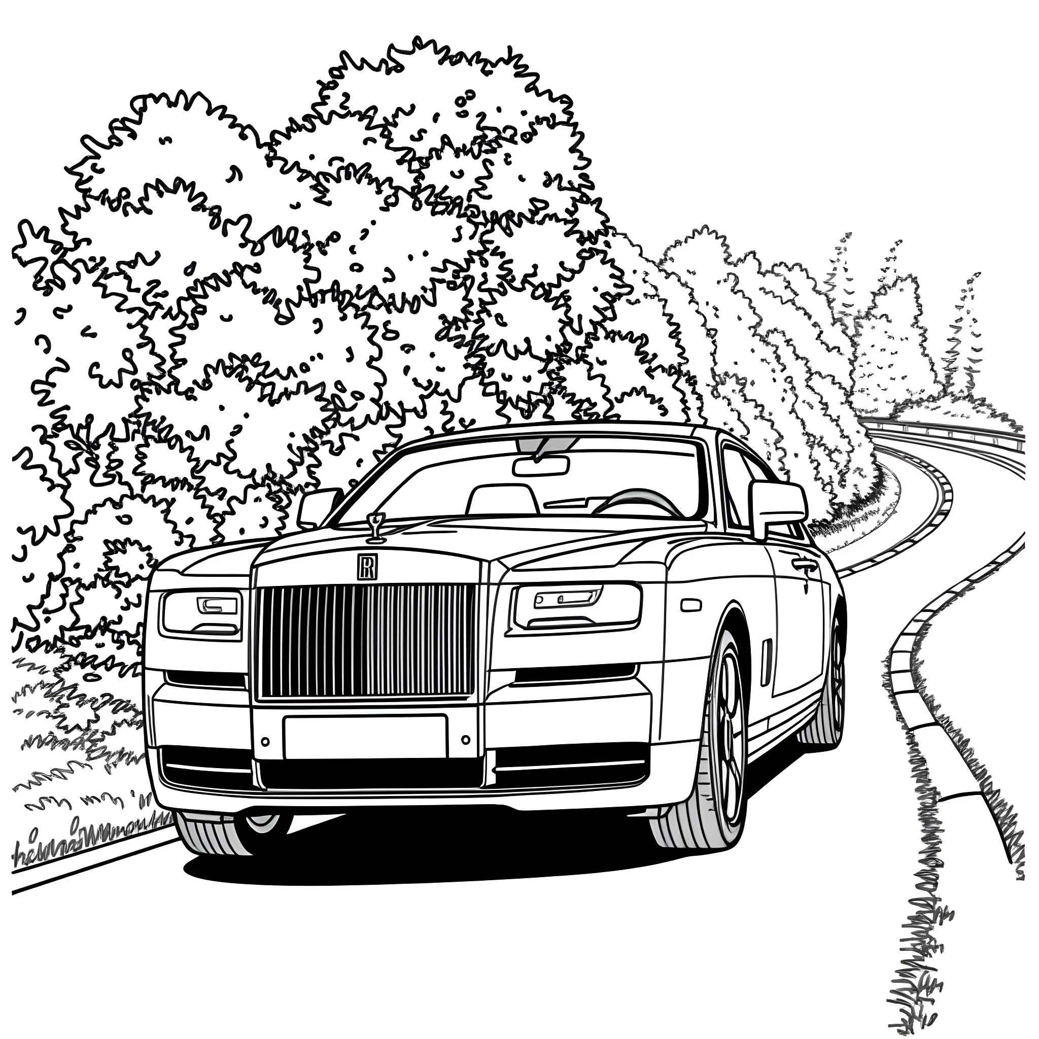 Rolls Royce Luxury Car on Winding Road Coloring Page (free black-and-white line drawing printable PDF for all, from beginners to advanced learners, including children, teens, adults, and seniors)