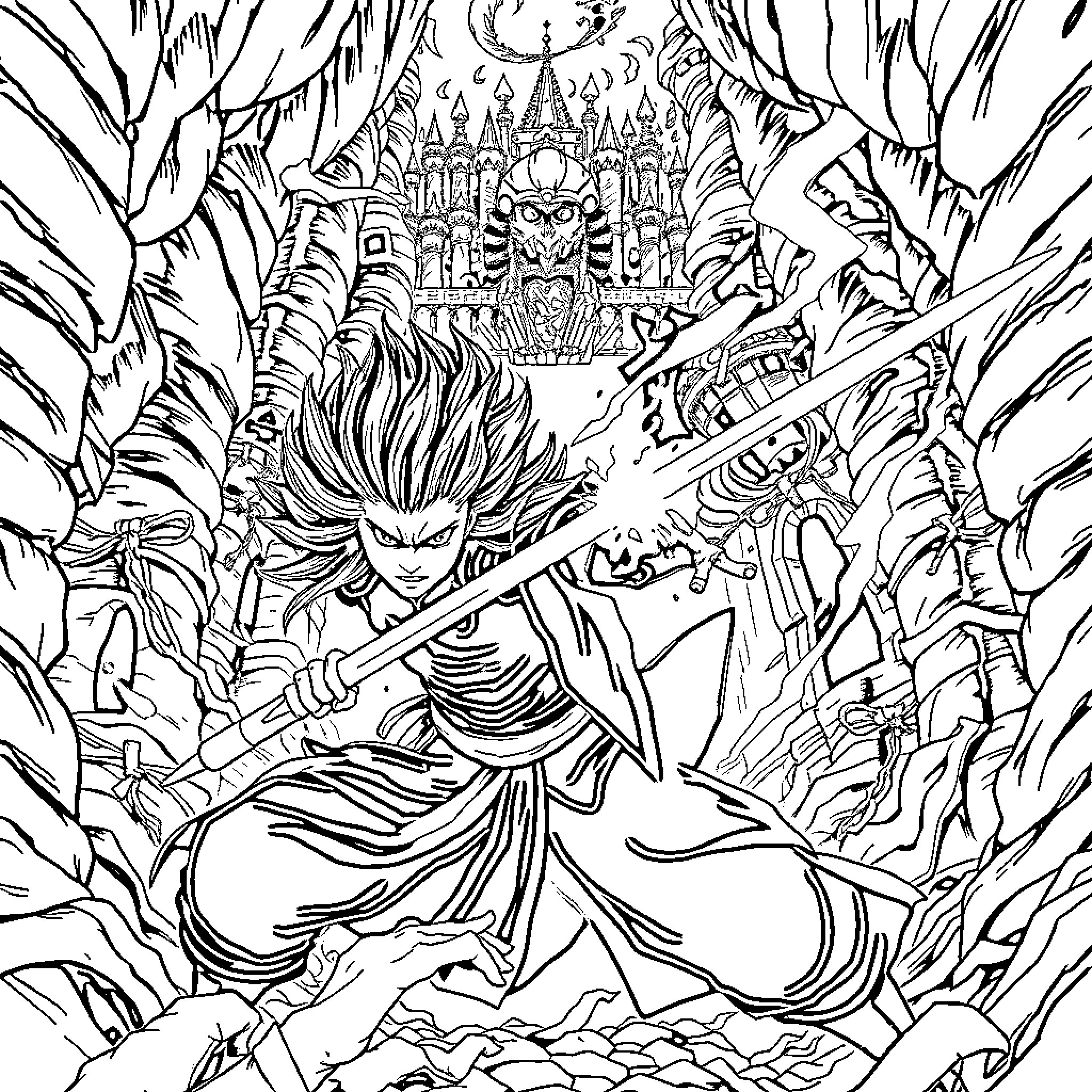 Uzui's Fierce Warrior Stance in a Fantastical Landscape Coloring Page (free black-and-white line drawing printable PDF for all, from beginners to advanced learners, including children, teens, adults, and seniors)