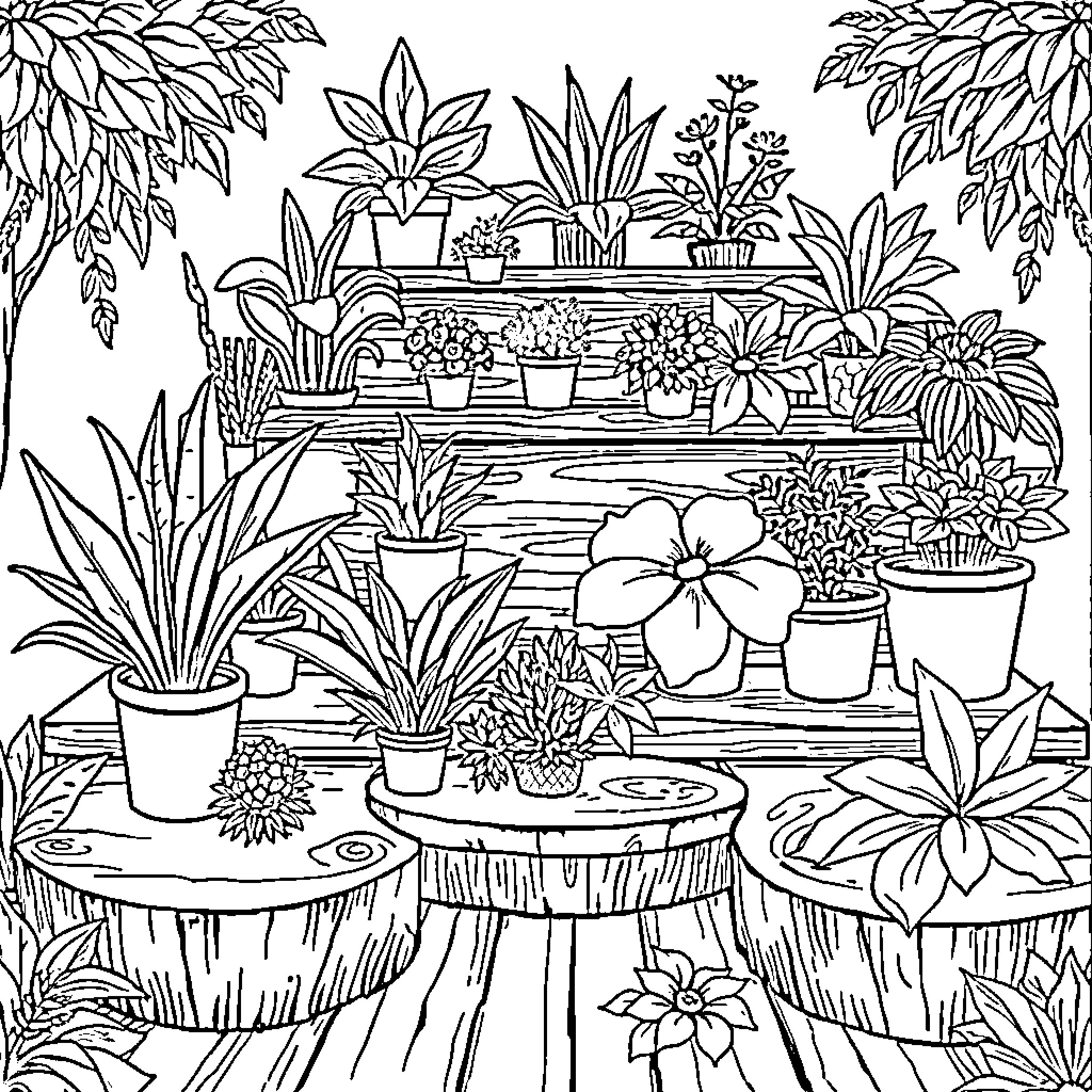 Plant-filled greenhouse with various vegetation Coloring Page (free black-and-white line drawing printable PDF for all, from beginners to advanced learners, including children, teens, adults, and seniors)