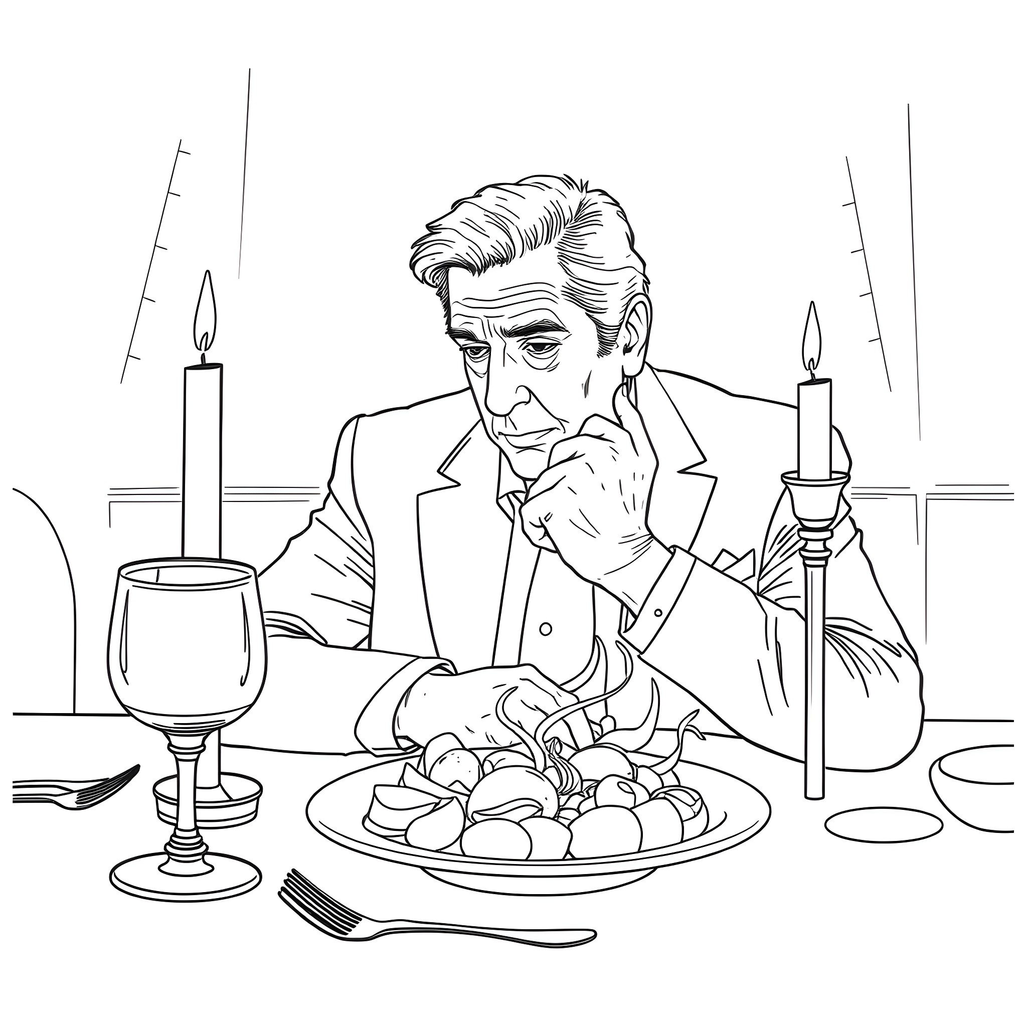 Robert De Niro contemplating a meal in a formal setting Coloring Page (free black-and-white line drawing printable PDF for all, from beginners to advanced learners, including children, teens, adults, and seniors)