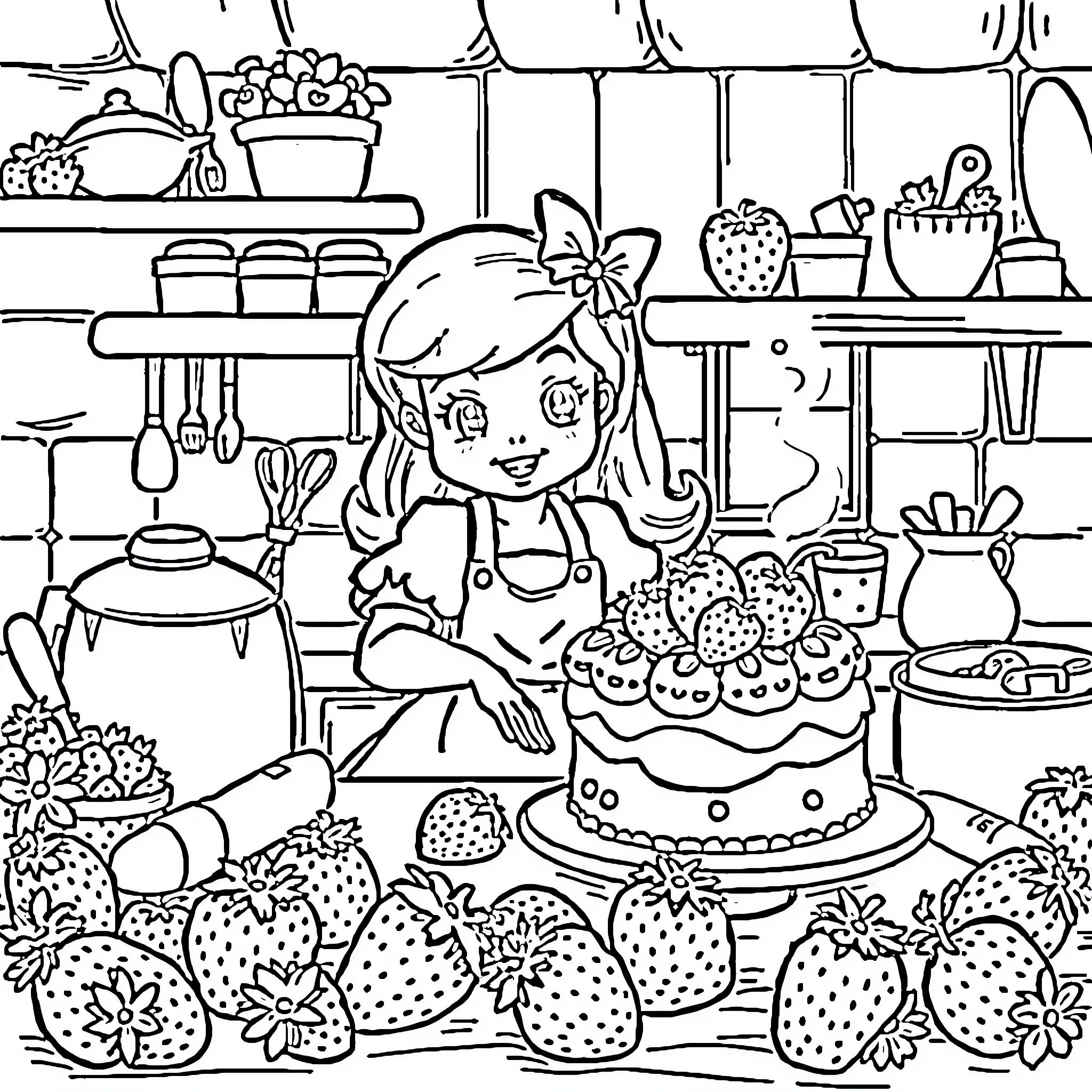 Strawberry Shortcake baking a cake in a cozy kitchen Coloring Page (free black-and-white line drawing printable PDF for all, from beginners to advanced learners, including children, teens, adults, and seniors)