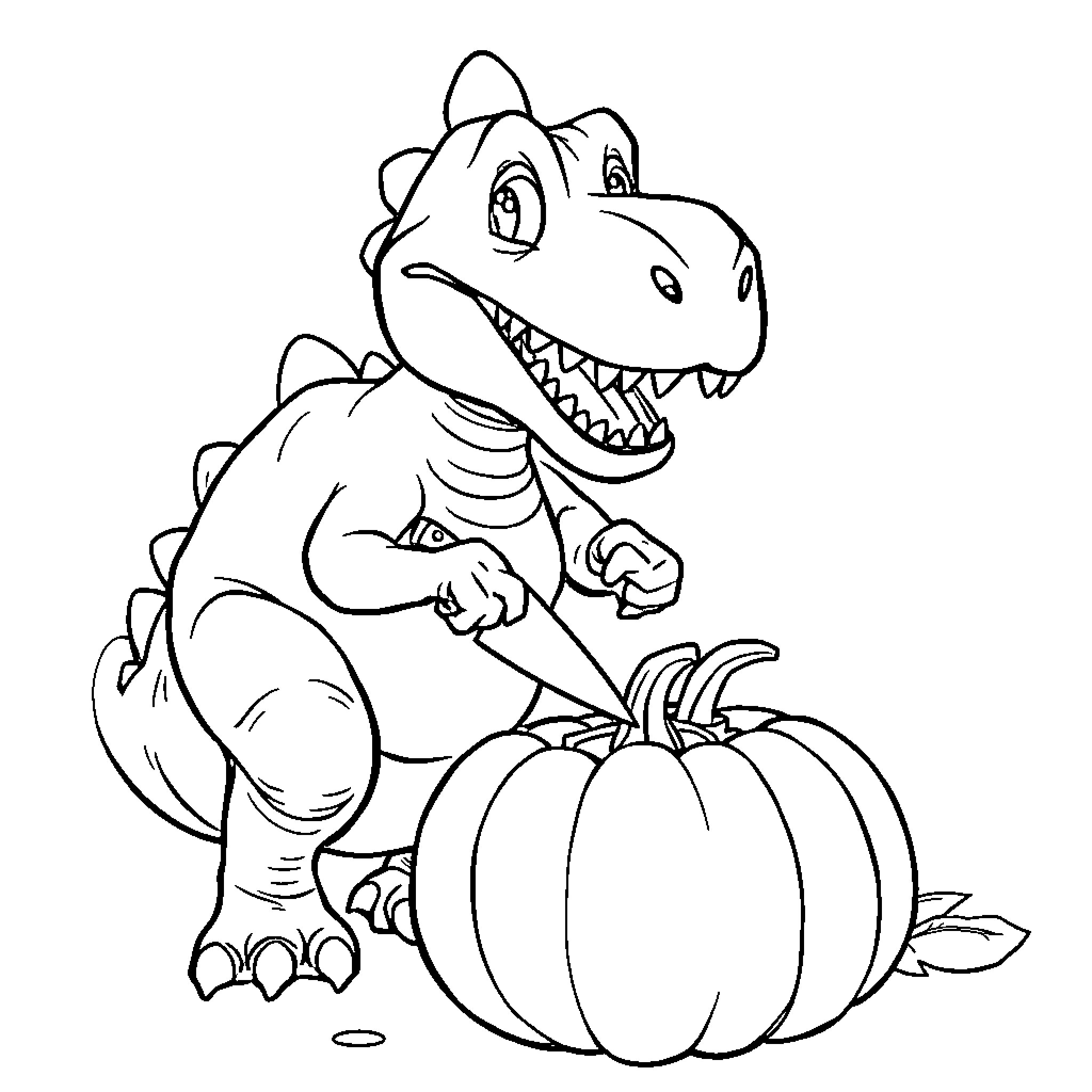 Dinosaur with pumpkin in Halloween scene Coloring Page (free black-and-white line drawing printable PDF for all, from beginners to advanced learners, including children, teens, adults, and seniors)