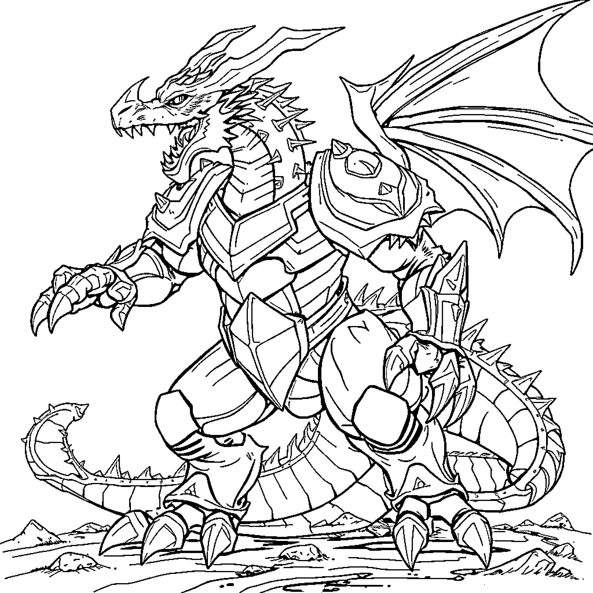 Wargreymon in fierce battle stance Coloring Page (free black-and-white line drawing printable PDF for all, from beginners to advanced learners, including children, teens, adults, and seniors)
