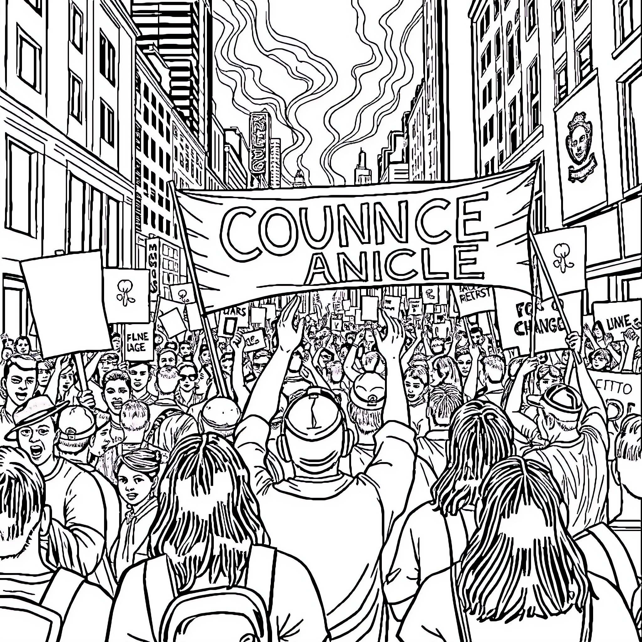 Revolution in the City Streets: A Protest Unfolds Coloring Page (free black-and-white line drawing printable PDF for all, from beginners to advanced learners, including children, teens, adults, and seniors)