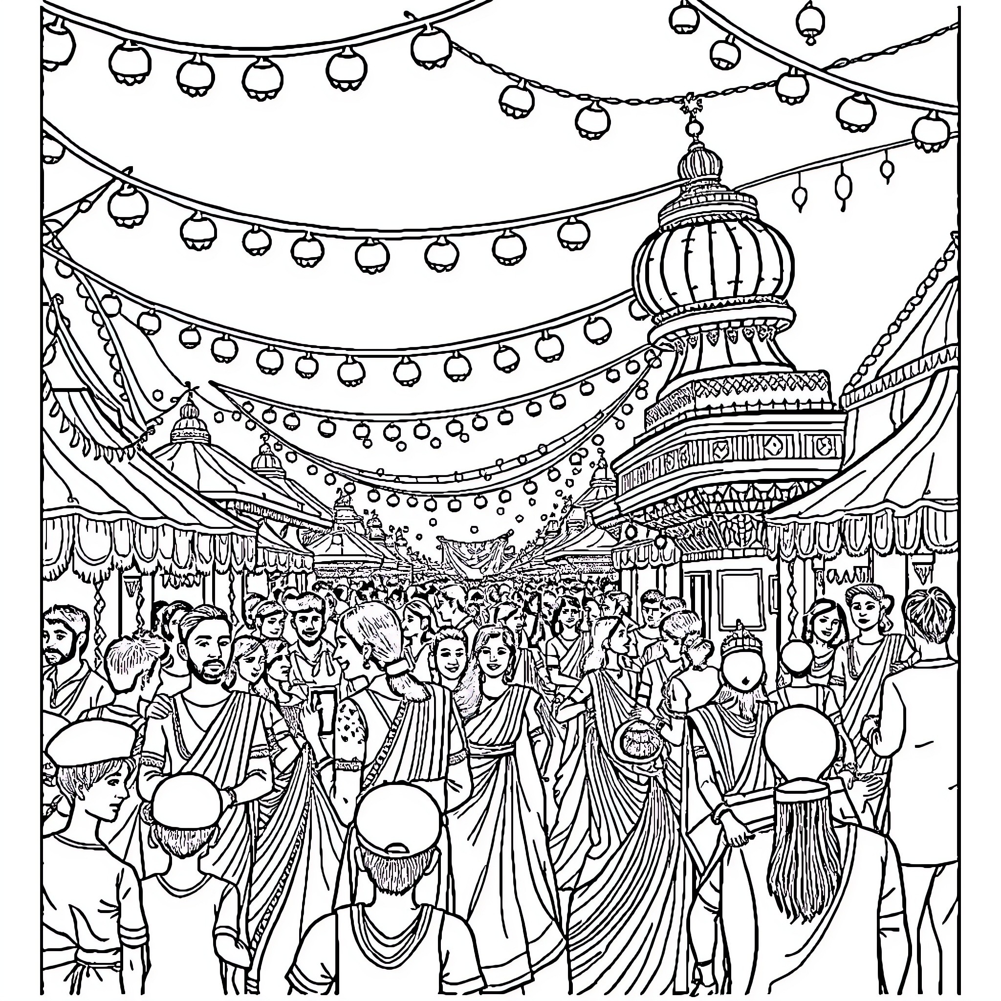 Festival of Vibrant Celebrations and Lively Crowds Coloring Page (free black-and-white line drawing printable PDF for all, from beginners to advanced learners, including children, teens, adults, and seniors)