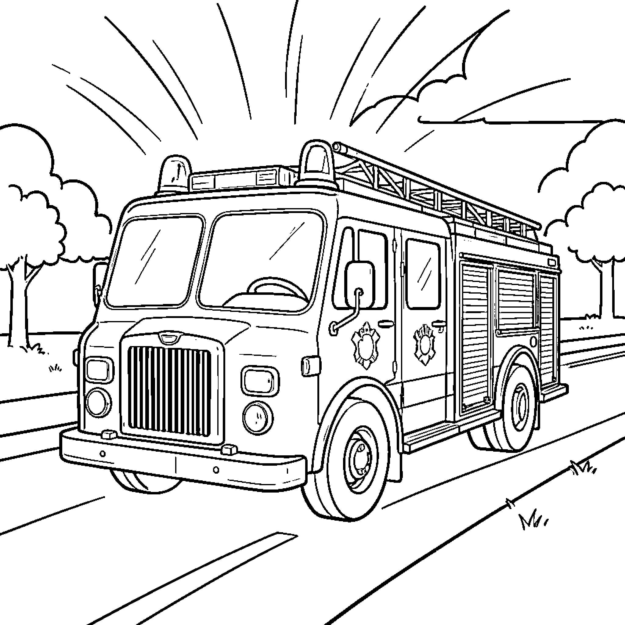 Fire Truck Rushing to an Emergency Scene Coloring Page (free black-and-white line drawing printable PDF for all, from beginners to advanced learners, including children, teens, adults, and seniors)