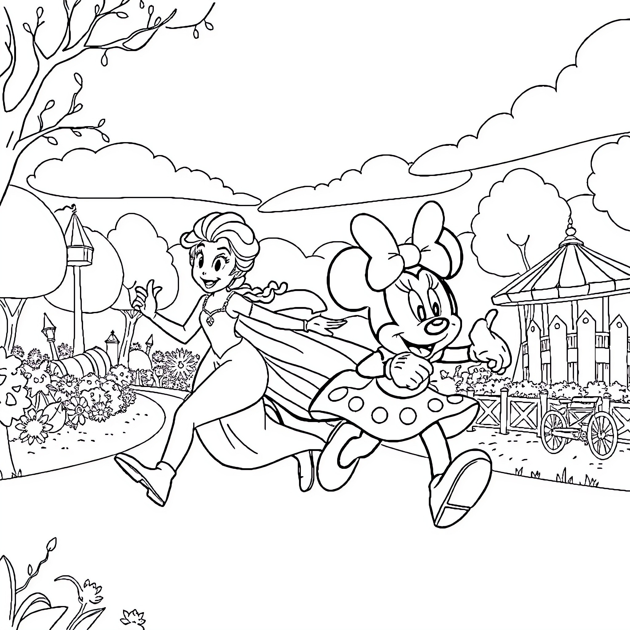 Elsa and Minnie Mouse enjoying a carnival together Coloring Page (free black-and-white line drawing printable PDF for all, from beginners to advanced learners, including children, teens, adults, and seniors)