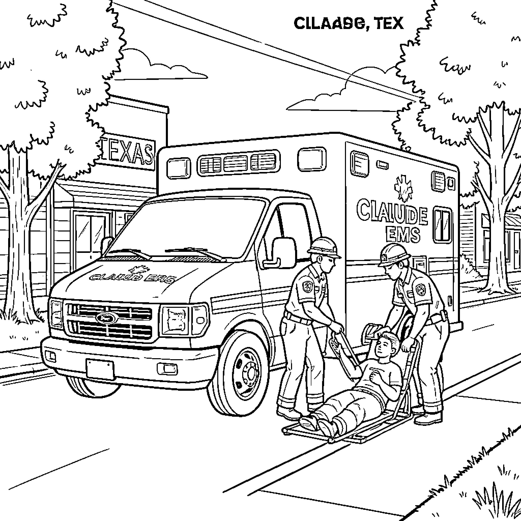 Ambulance crew assisting a patient on a stretcher Coloring Page (free black-and-white line drawing printable PDF for all, from beginners to advanced learners, including children, teens, adults, and seniors)