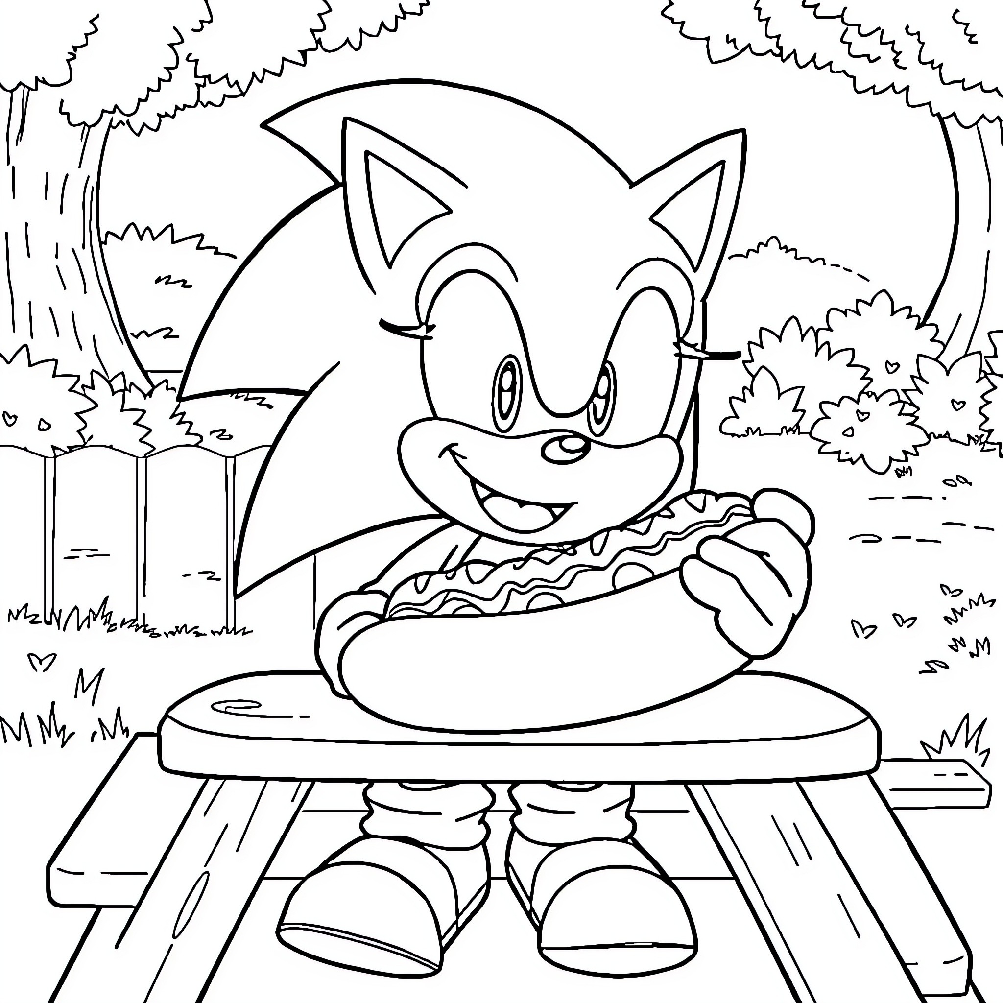 Sonic Enjoying Delicious Hot Dog in Outdoor Scene Coloring Page (free black-and-white line drawing printable PDF for all, from beginners to advanced learners, including children, teens, adults, and seniors)