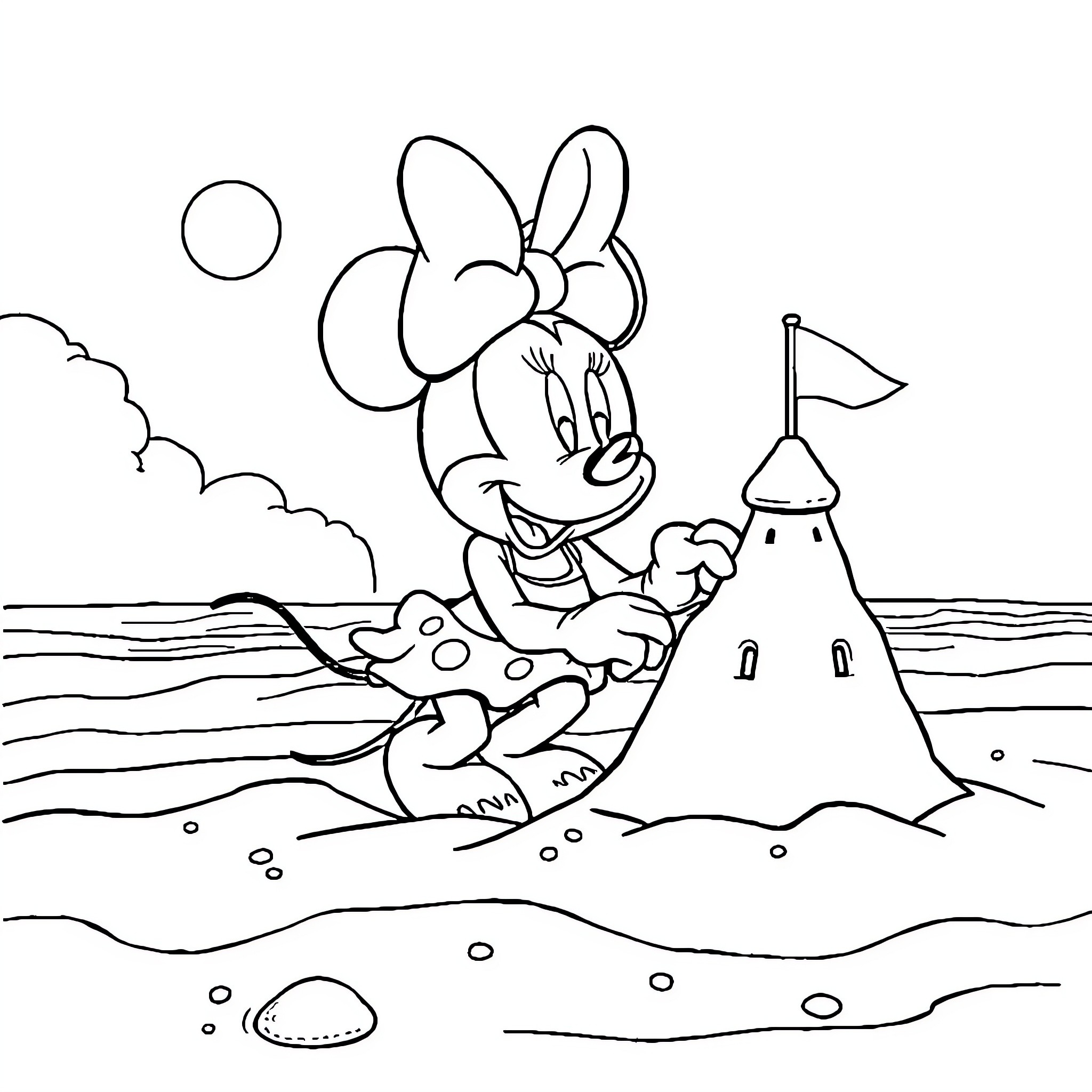 Minnie building a sandcastle at the beach Coloring Page (free black-and-white line drawing printable PDF for all, from beginners to advanced learners, including children, teens, adults, and seniors)