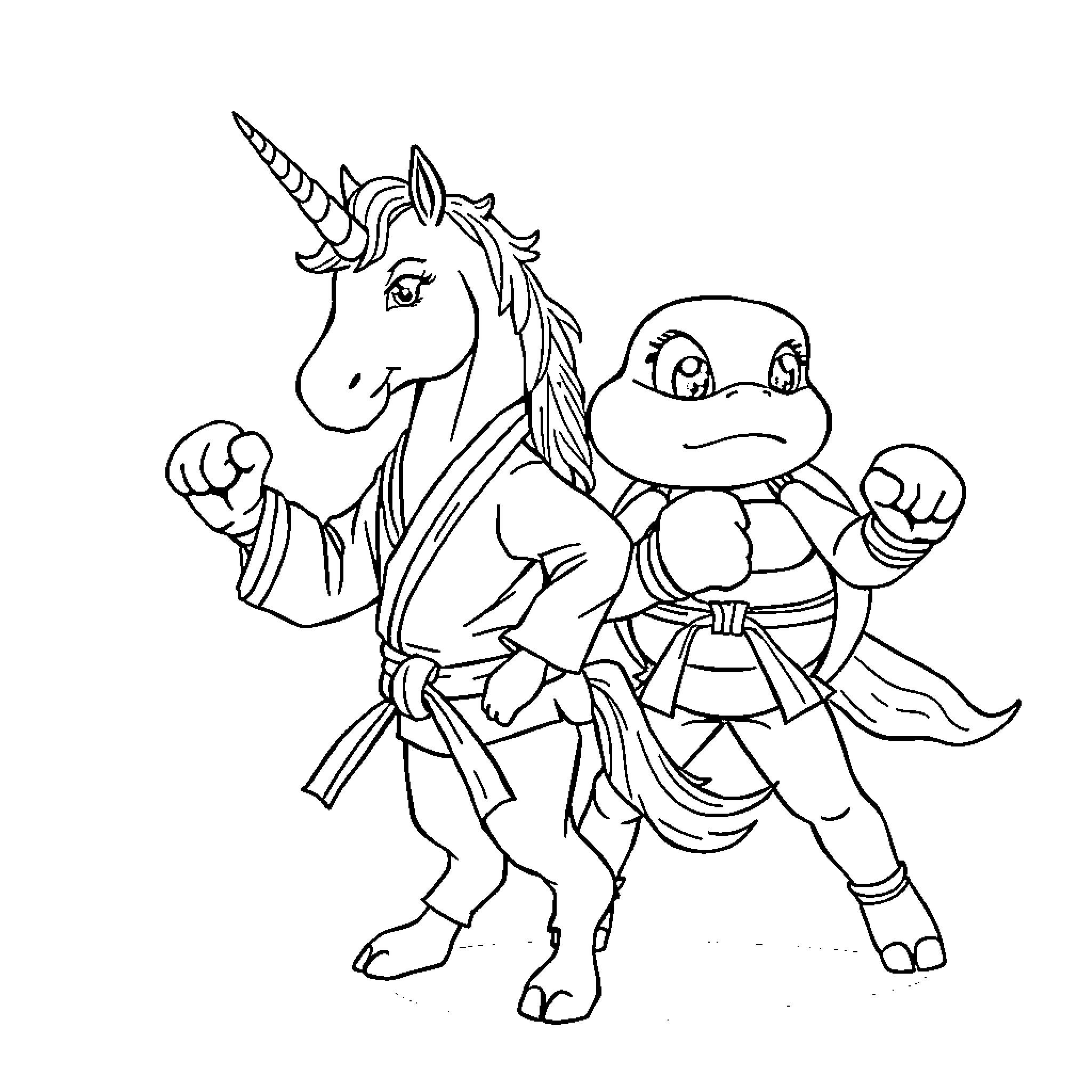 Unicorn and Ninja Turtle Companions Coloring Page (free black-and-white line drawing printable PDF for all, from beginners to advanced learners, including children, teens, adults, and seniors)
