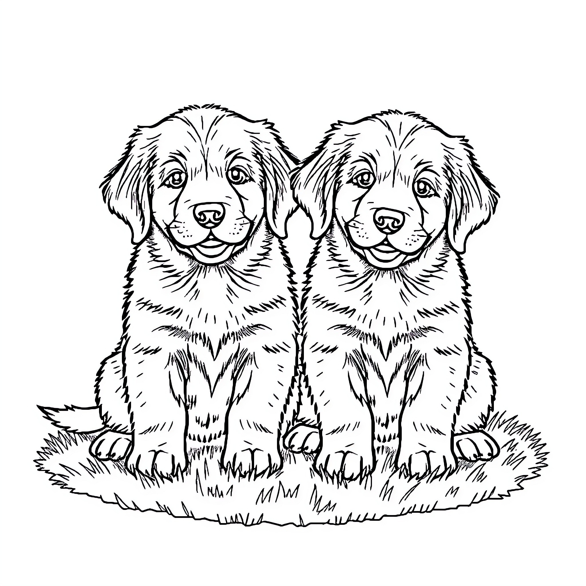 Golden Retriever puppies playing together Coloring Page (free black-and-white line drawing printable PDF for all, from beginners to advanced learners, including children, teens, adults, and seniors)