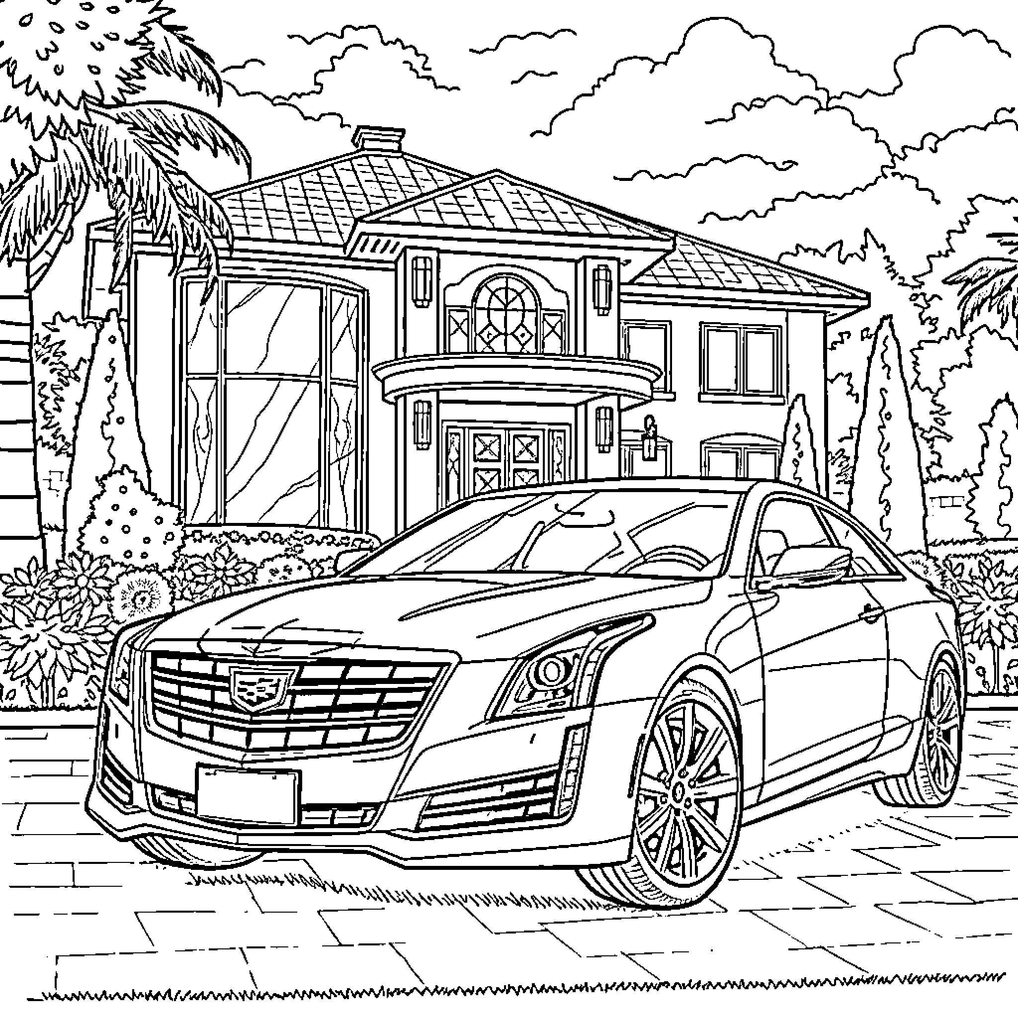 Cadillac luxury sedan in a scenic neighborhood Coloring Page (free black-and-white line drawing printable PDF for all, from beginners to advanced learners, including children, teens, adults, and seniors)