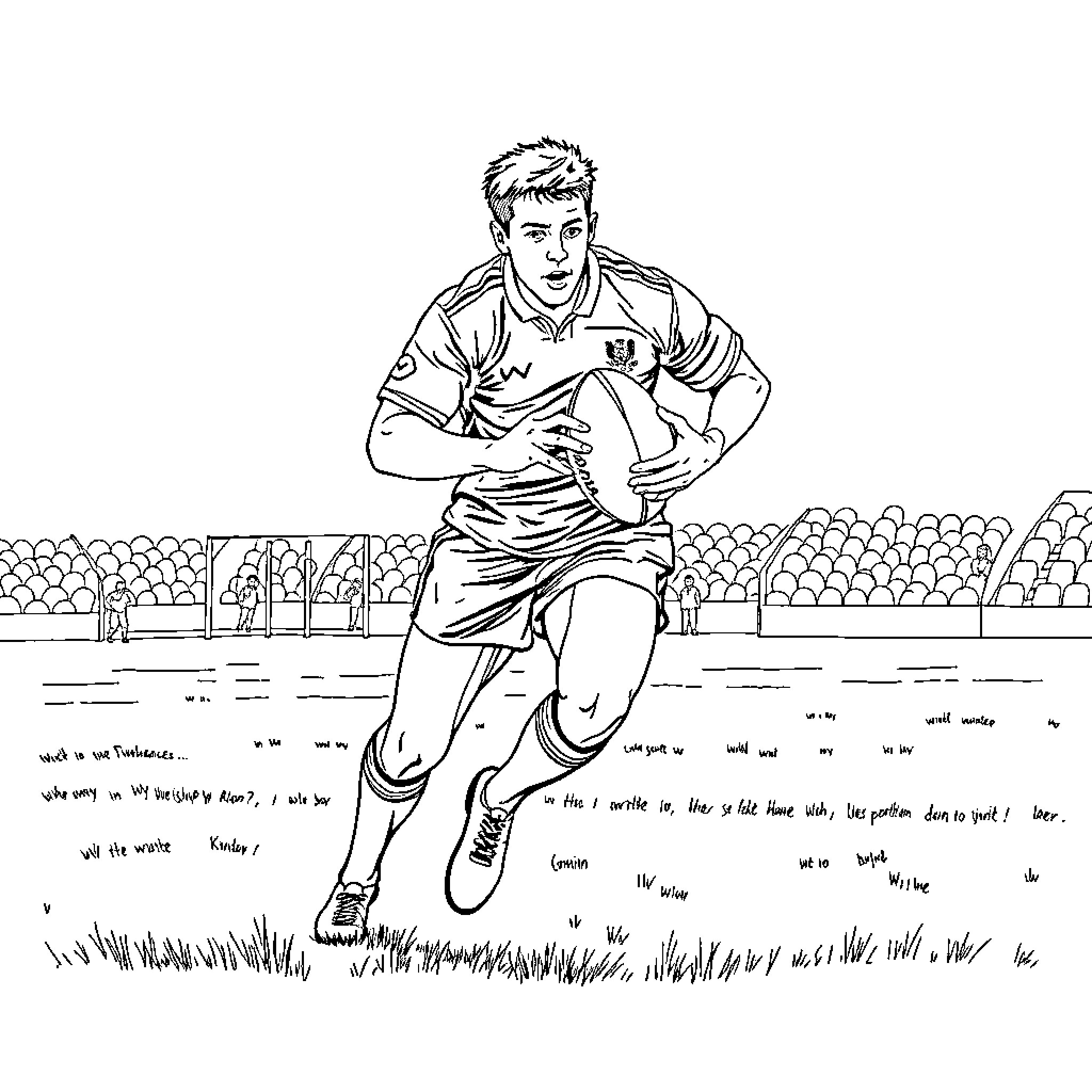 Rugby player in action on field Coloring Page (free black-and-white line drawing printable PDF for all, from beginners to advanced learners, including children, teens, adults, and seniors)