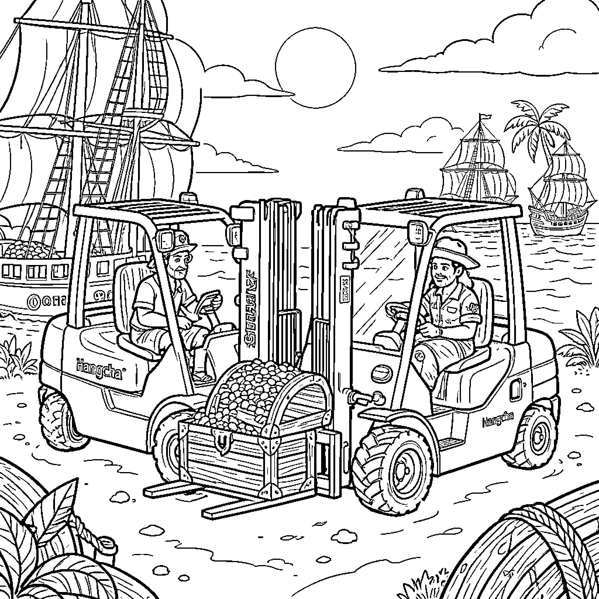 Chariot Élévateur transporting heavy cargo near a tropical beach Coloring Page (free black-and-white line drawing printable PDF for all, from beginners to advanced learners, including children, teens, adults, and seniors)