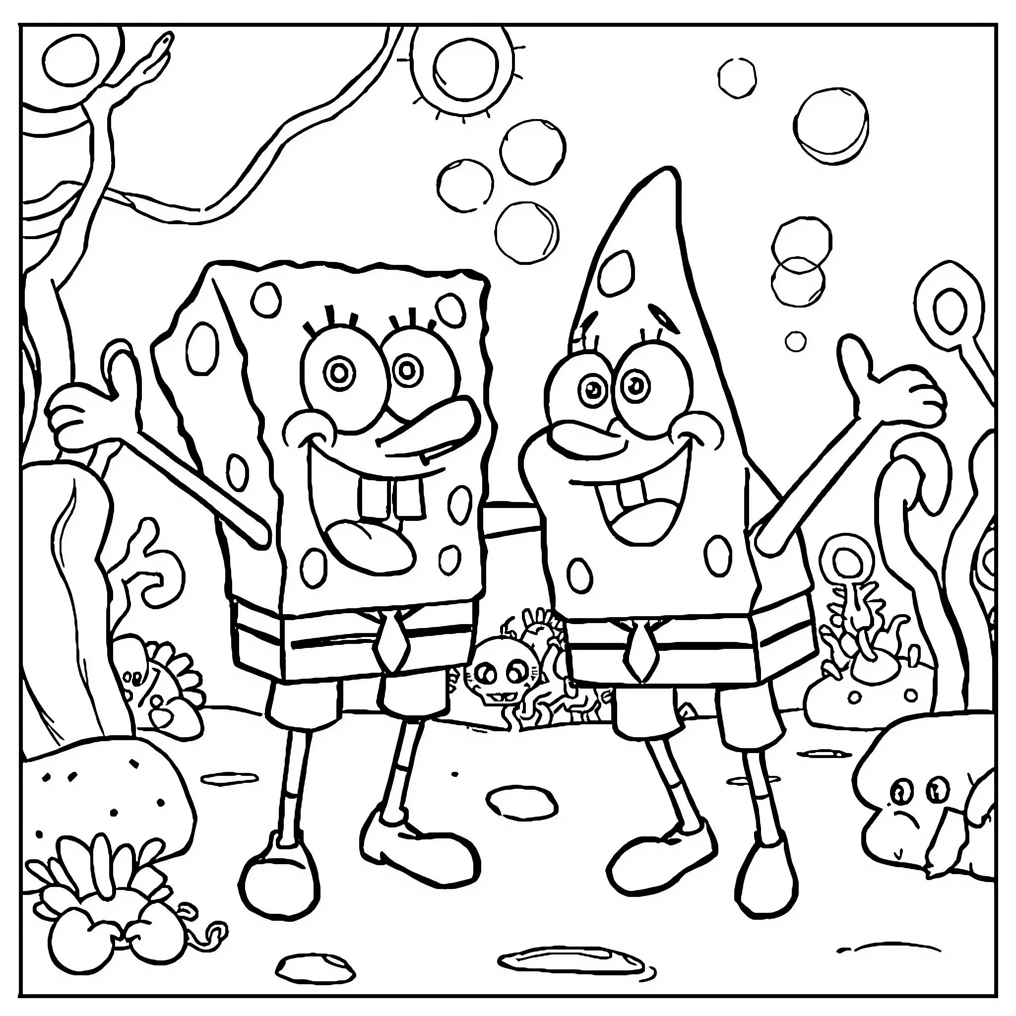 Spongebob and Patrick in an underwater scene Coloring Page (free black-and-white line drawing printable PDF for all, from beginners to advanced learners, including children, teens, adults, and seniors)