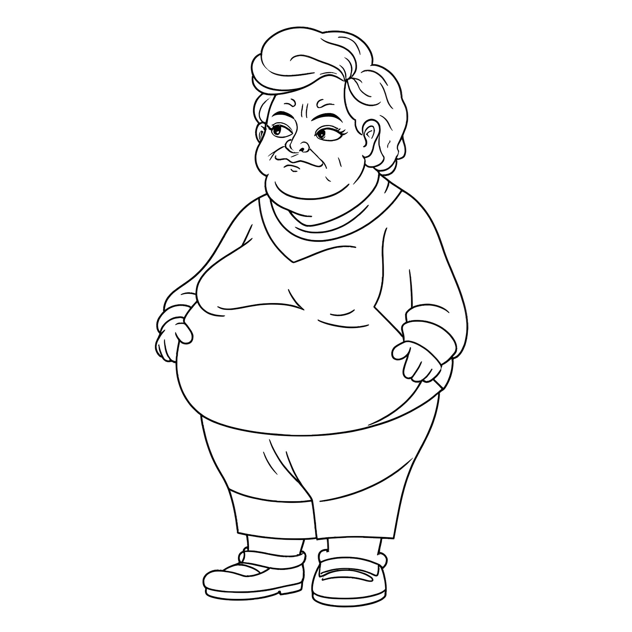 Lady in a Comfortable Outfit Coloring Page (free black-and-white line drawing printable PDF for all, from beginners to advanced learners, including children, teens, adults, and seniors)
