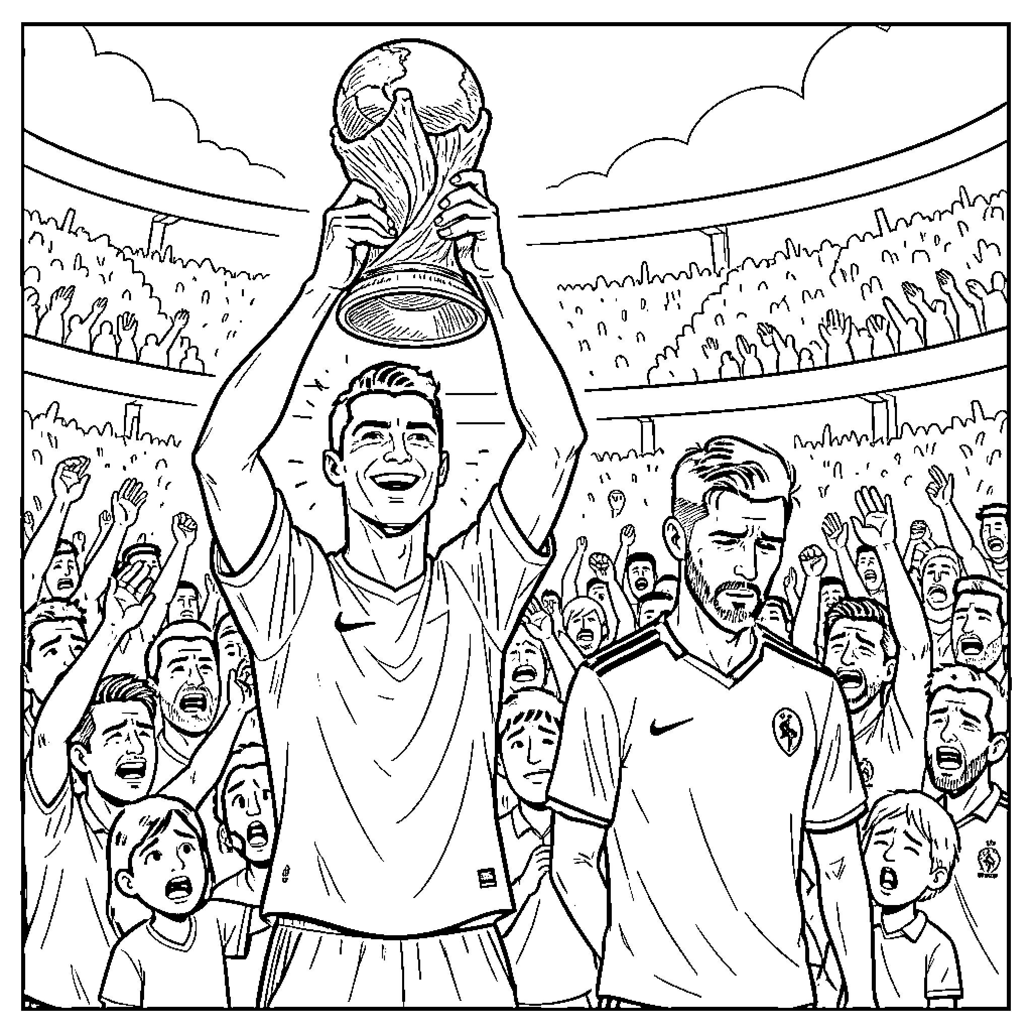 Cristiano Ronaldo celebrating while holding a trophy Coloring Page (free black-and-white line drawing printable PDF for all, from beginners to advanced learners, including children, teens, adults, and seniors)