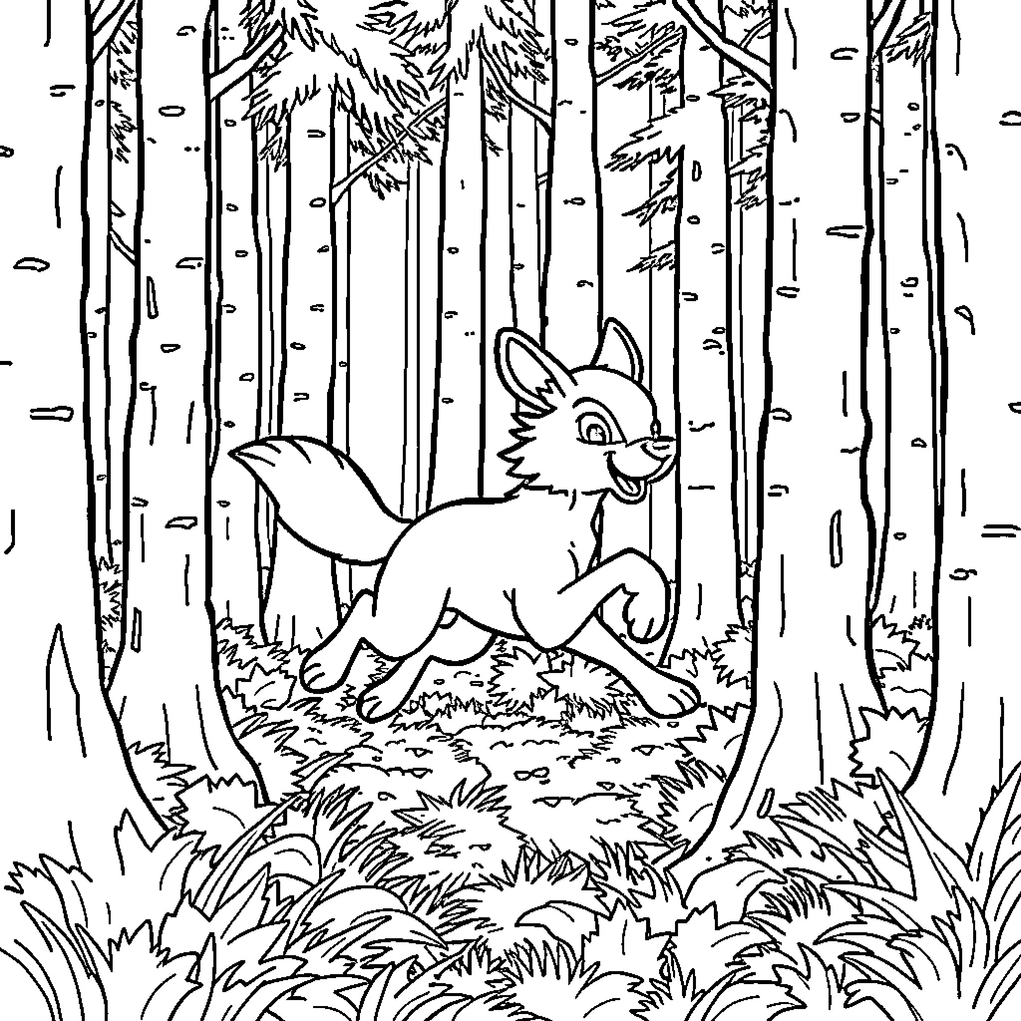 Deer running playfully in the forest Coloring Page (free black-and-white line drawing printable PDF for all, from beginners to advanced learners, including children, teens, adults, and seniors)