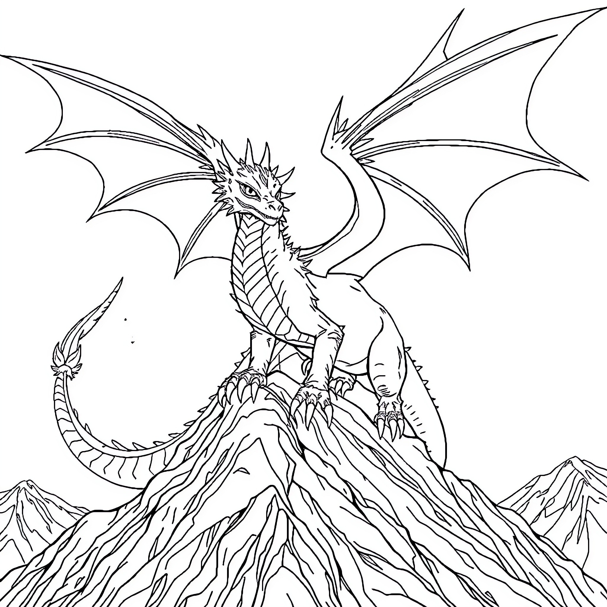 Dragon soaring majestically over rugged mountain peaks Coloring Page (free black-and-white line drawing printable PDF for all, from beginners to advanced learners, including children, teens, adults, and seniors)