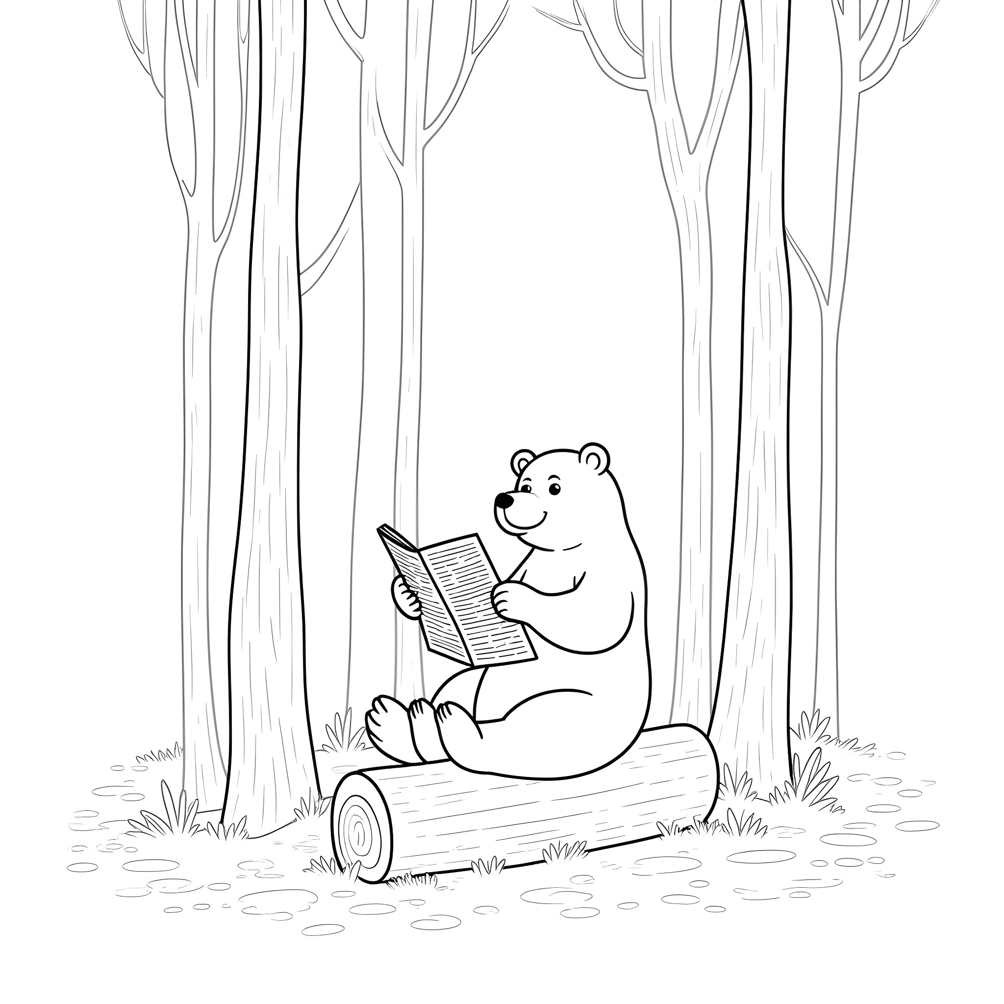 Bear reading a book in the forest Coloring Page (free black-and-white line drawing printable PDF for all, from beginners to advanced learners, including children, teens, adults, and seniors)