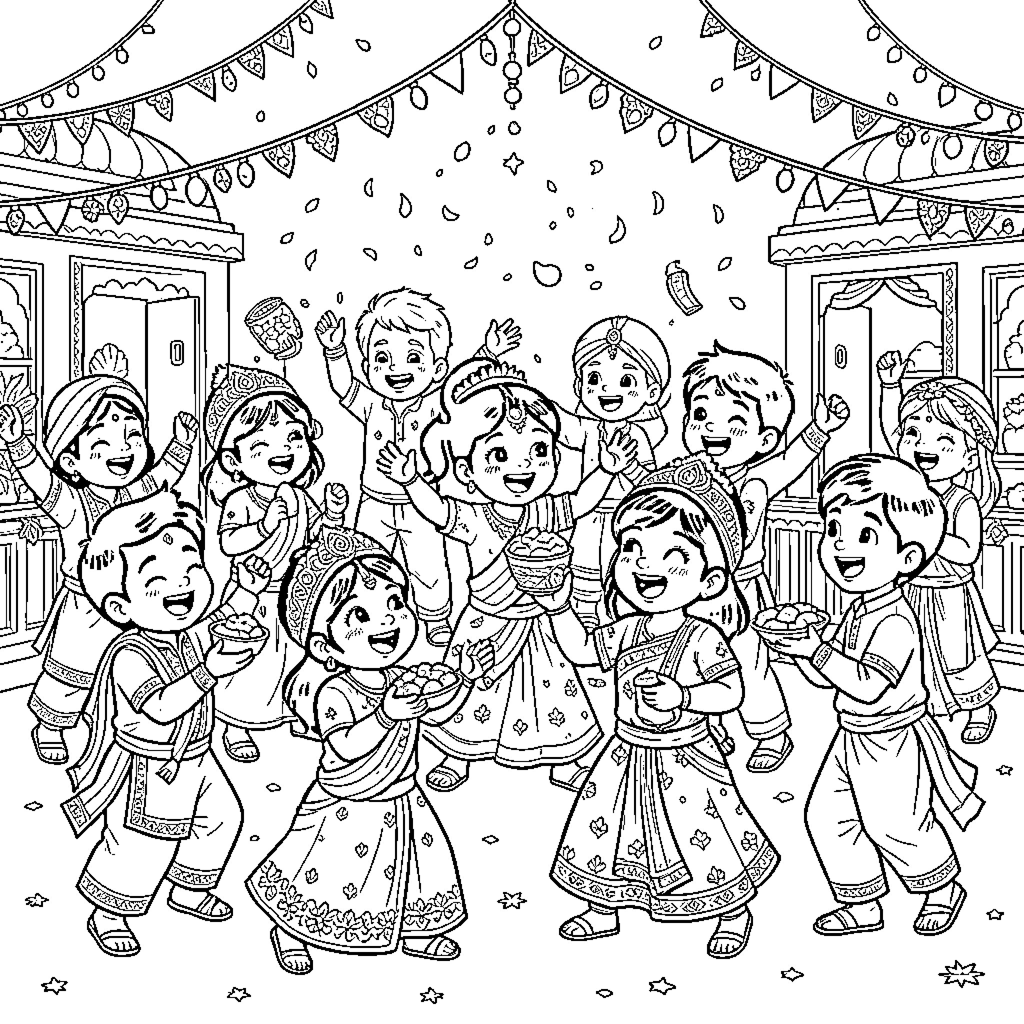 Kid celebrating at a festive gathering Coloring Page (free black-and-white line drawing printable PDF for all, from beginners to advanced learners, including children, teens, adults, and seniors)