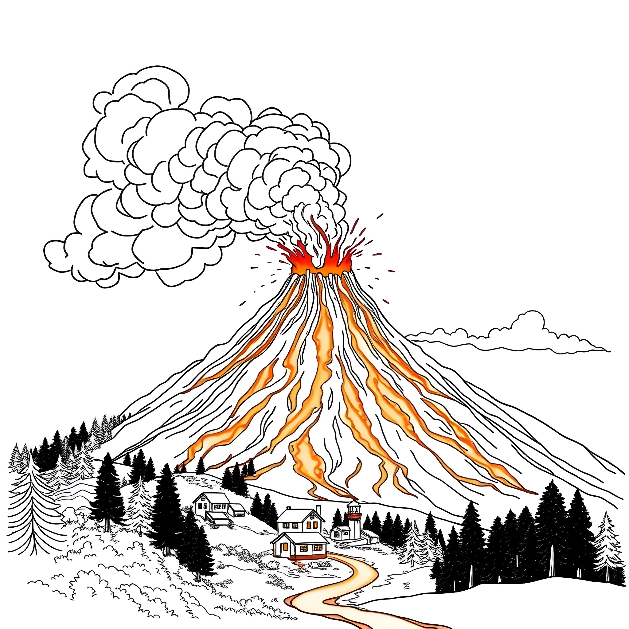 Volcano erupting in scenic landscape Coloring Page (free black-and-white line drawing printable PDF for all, from beginners to advanced learners, including children, teens, adults, and seniors)